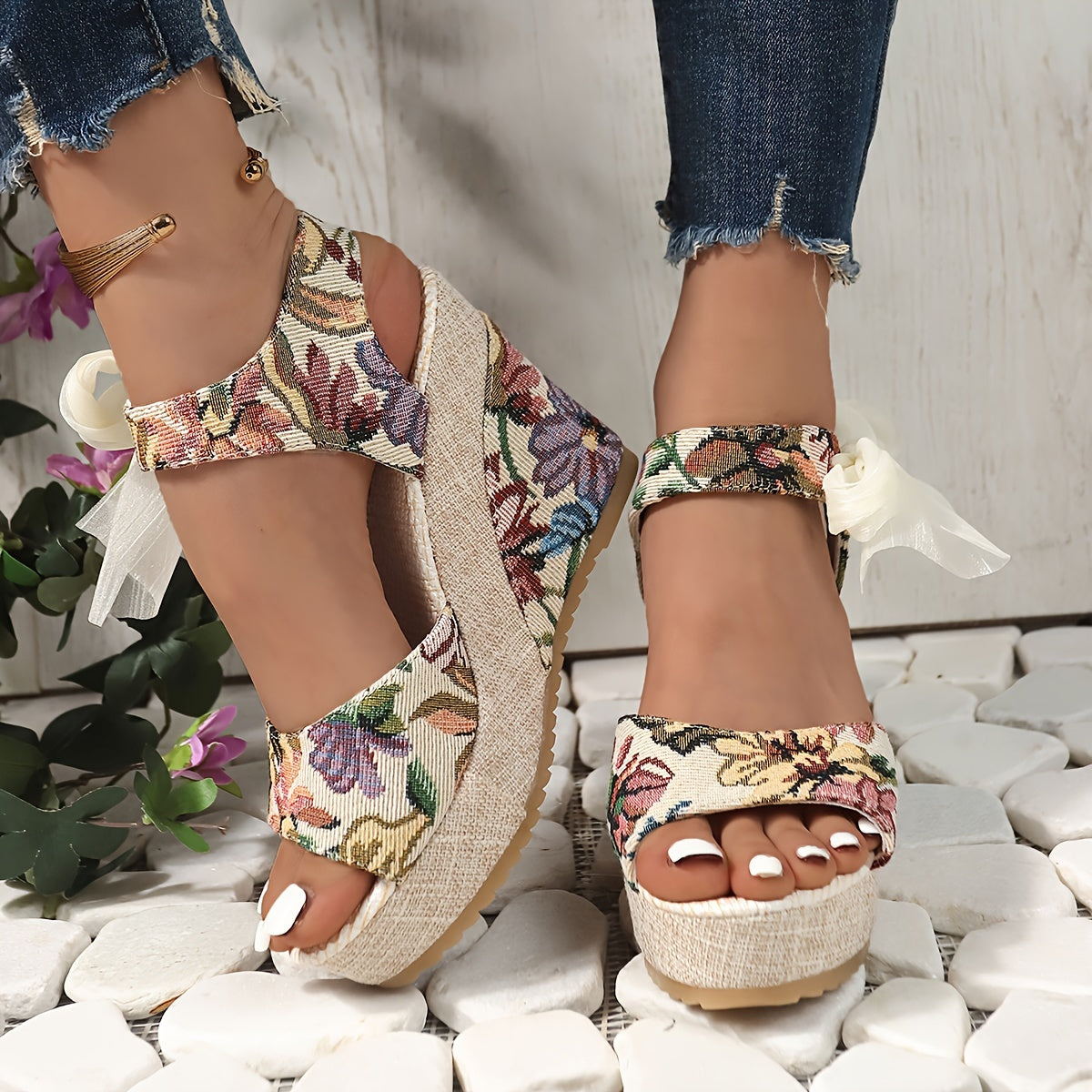 Vibrant Floral Print Wedge Sandals - Chic Peep-Toe Design, Adjustable Bow Ankle Strap with Slingback Closure, Sturdy Platform Heel - Perfect for Womens Casual Outings, Versatile and Easy to Match with Various Outfits, Ideal for Outdoor Events or Social G