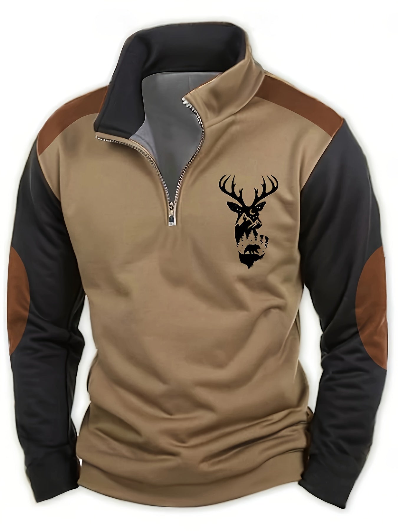 Men's Deer Graphic Print Golf Shirt, Casual Half Zipper Stand Collar Long Sleeve Shirt for Outdoor