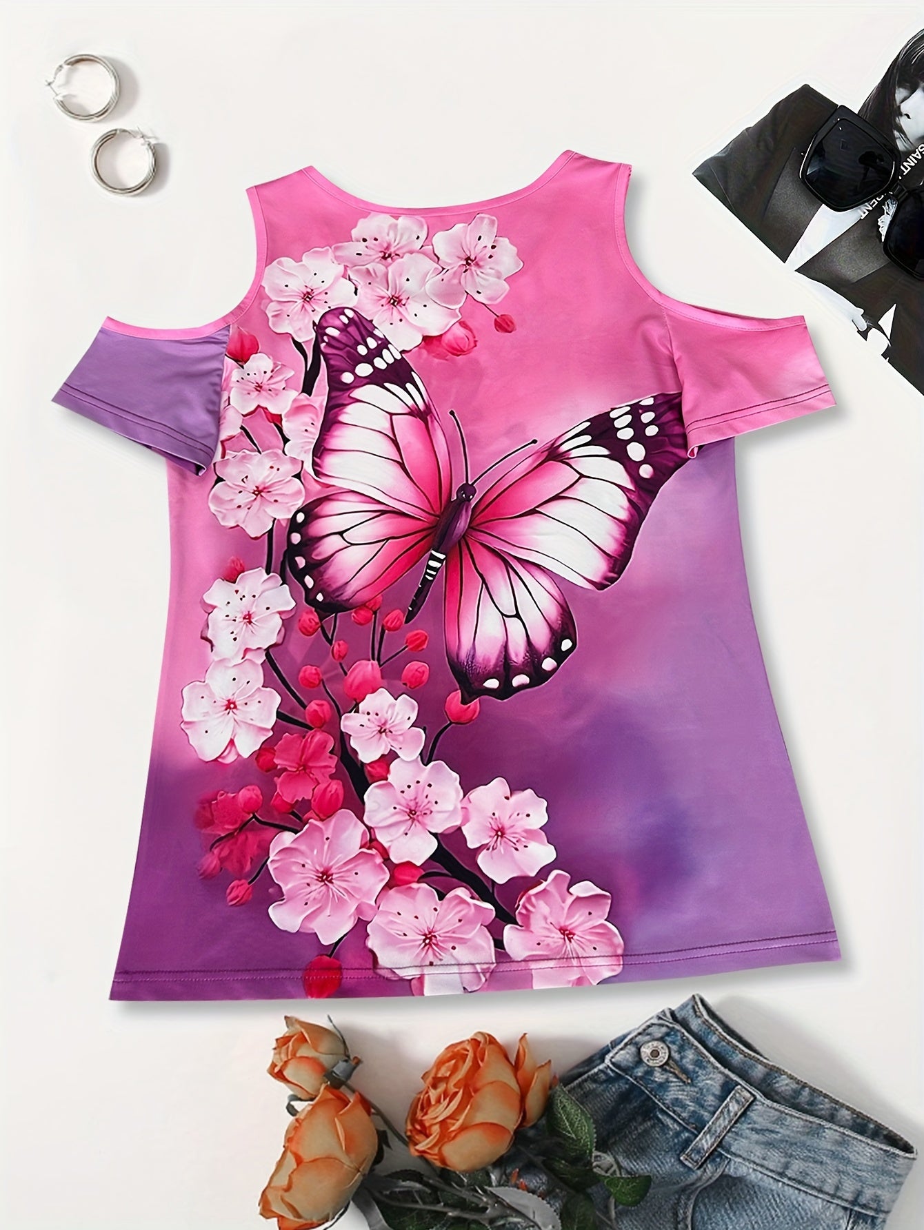 Vibrant Butterfly Print Crew Neck T-Shirt - Women's Elegant Cold Shoulder Short Sleeve Tee for Spring & Summer - Comfortable, Breathable, Relaxed Fit Clothing for Ladies