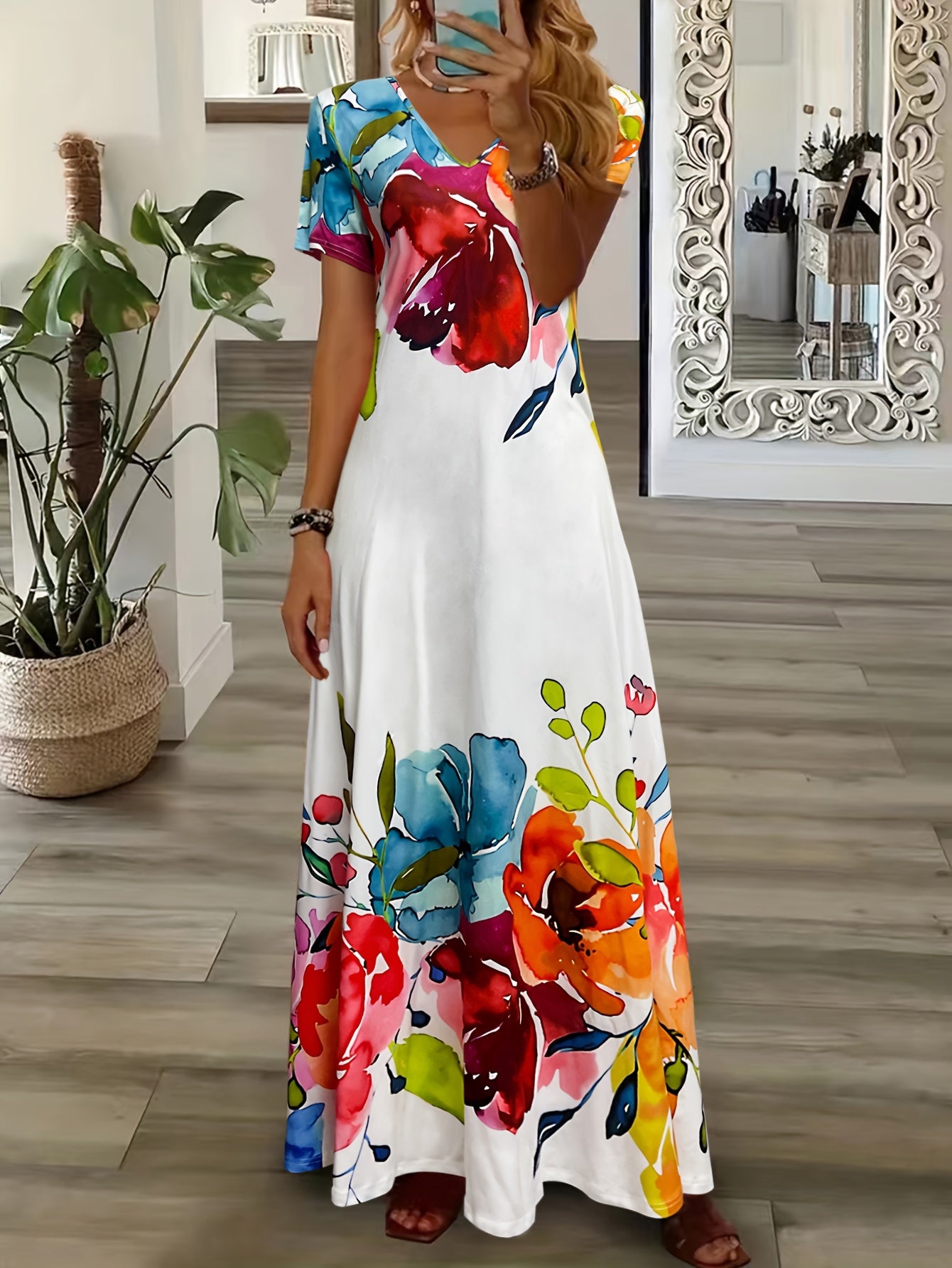 Vibrant Floral Print Short Sleeve A-Line Dress - Soft, Breathable, and Comfortable for Spring & Summer - Womens Casual Wear, Perfect for Outdoor Activities and Daily Life