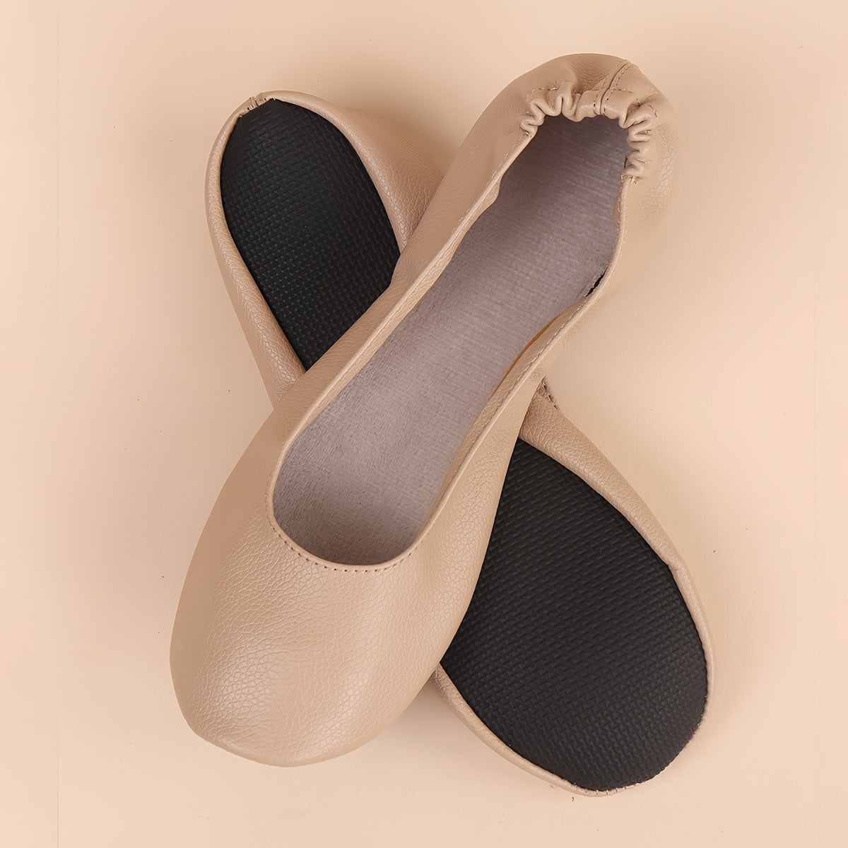 Women's Classic Black & Nude Slip-On Ballet Flats - Soft, Comfortable Faux Leather with Lychee Texture, Lightweight, Foldable Design for All Seasons