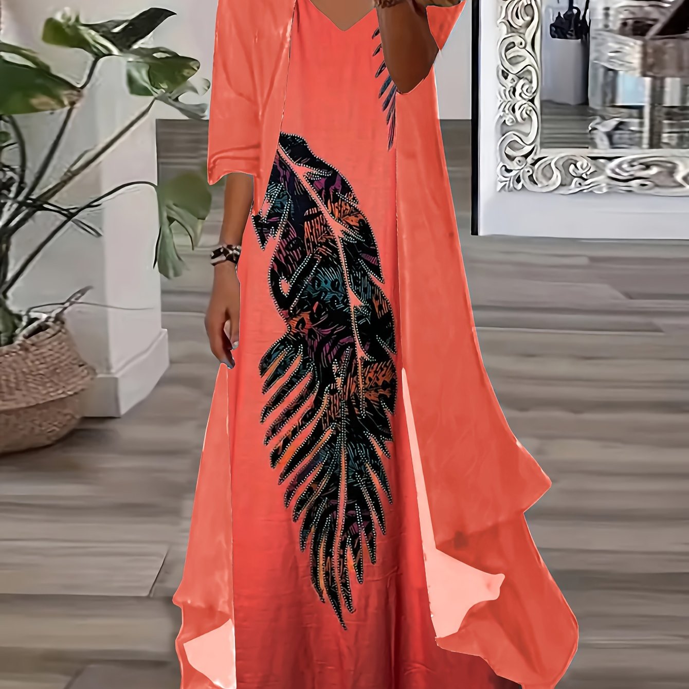 Plus Size V Neck Cami Dress with Half Sleeve Kimono - Eye-Catching Abstract Print - Flowy & Flattering for Casual or Elegant Occasions, Women's Curvy Fashion Sets