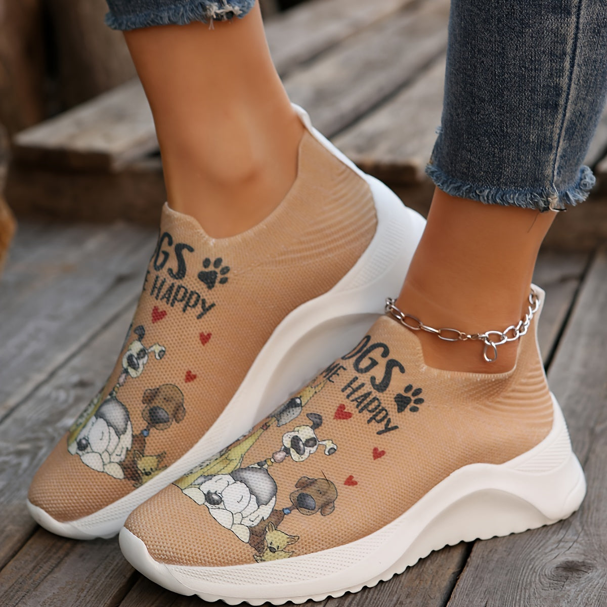 Womens Lightweight Dog Print Sock Sneakers - Breathable Walking Trainers with Soft Slip-On Design - Comfy, Flexible & Fashionable Outdoor Shoes for All-Day Comfort - Adorable Low Top Canine Prints