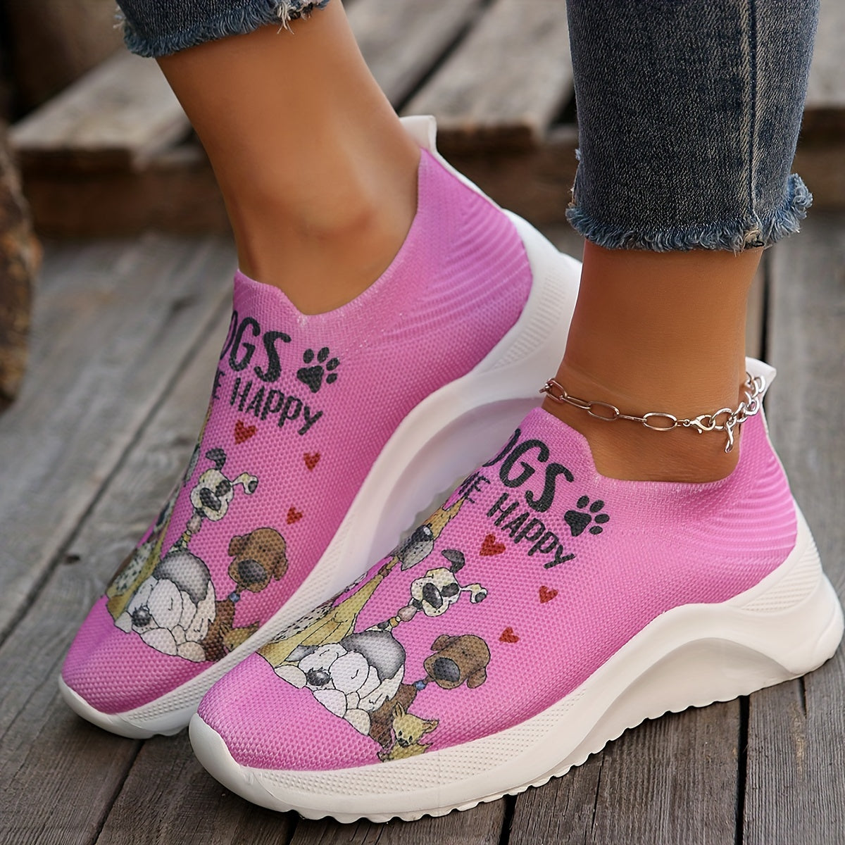 Womens Lightweight Dog Print Sock Sneakers - Breathable Walking Trainers with Soft Slip-On Design - Comfy, Flexible & Fashionable Outdoor Shoes for All-Day Comfort - Adorable Low Top Canine Prints