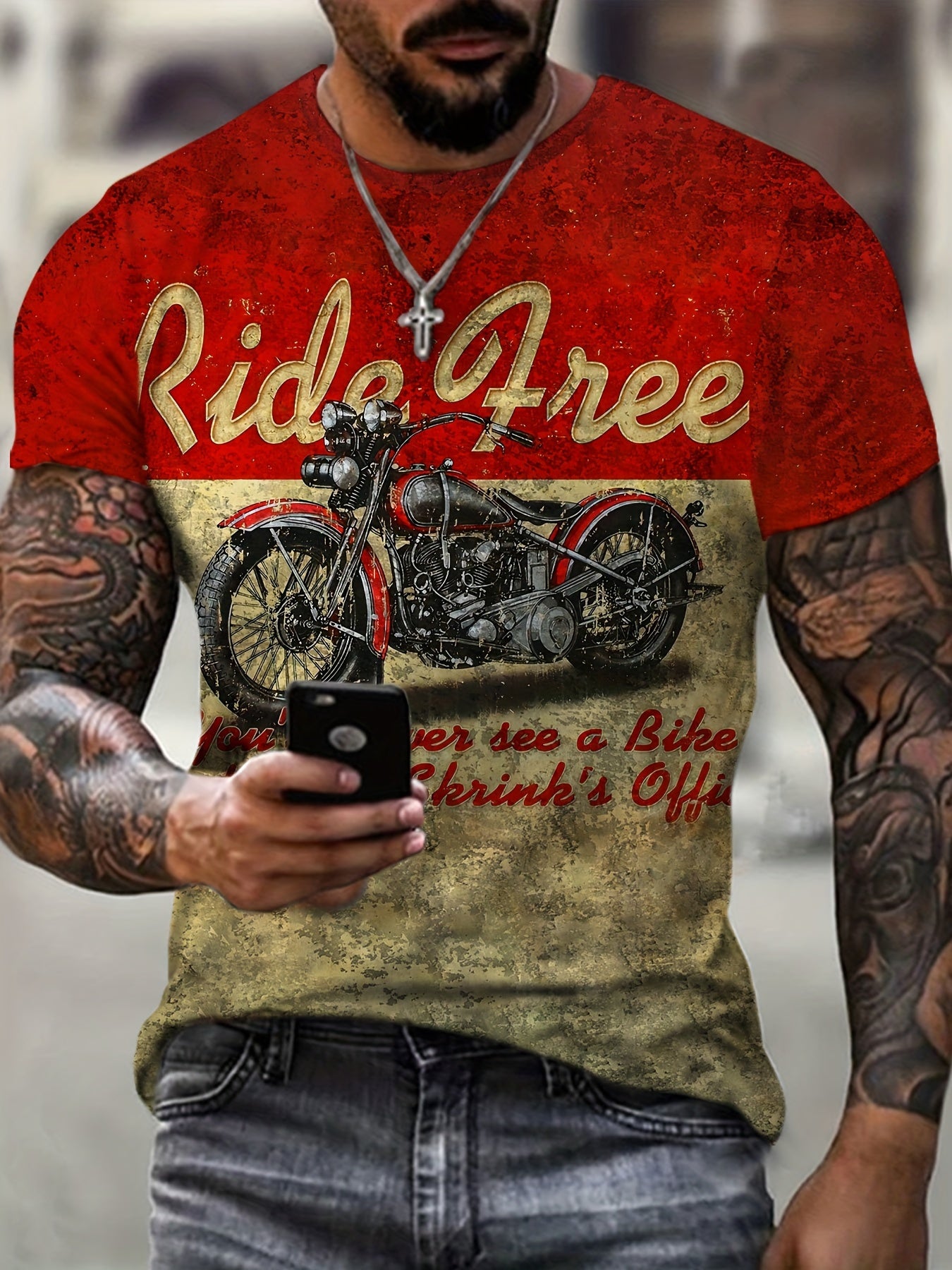 Fancy Motorcycle Print T-shirt, Men's Casual Comfy Crew Neck Tee, Trendy Short Sleeve Top For Summer Daily Wear