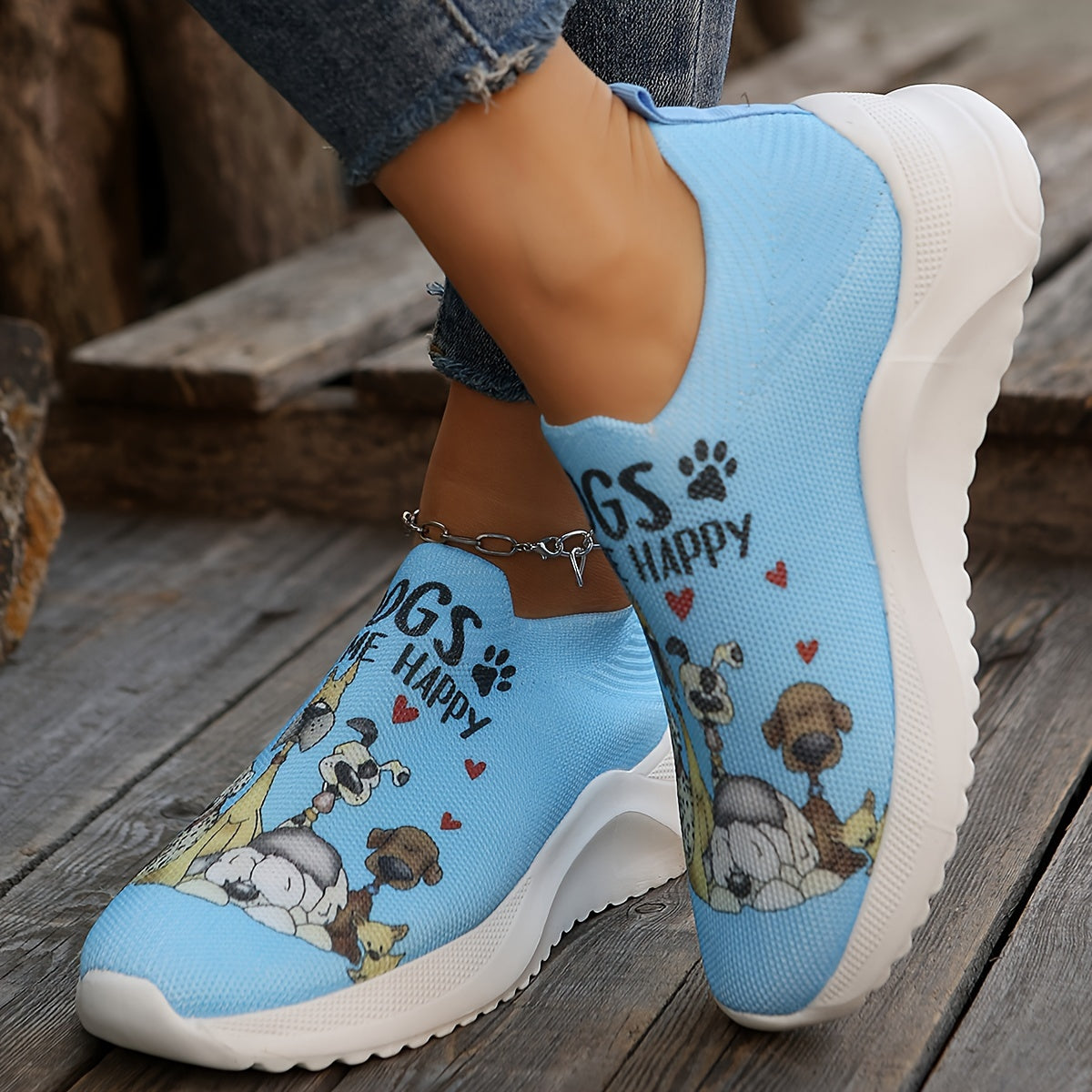 Womens Lightweight Dog Print Sock Sneakers - Breathable Walking Trainers with Soft Slip-On Design - Comfy, Flexible & Fashionable Outdoor Shoes for All-Day Comfort - Adorable Low Top Canine Prints