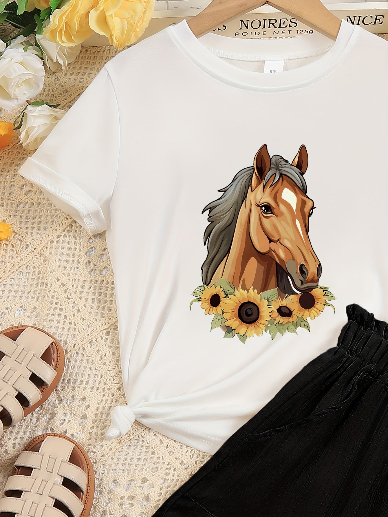 Pretty Horse And Sunflowers Graphic Print, Girl's 2pcs Casual Comfortable Versatile Short Sleeve Crew Neck T-shirt & Elastic Waistband Shorts Set, Comfy Summer Clothes