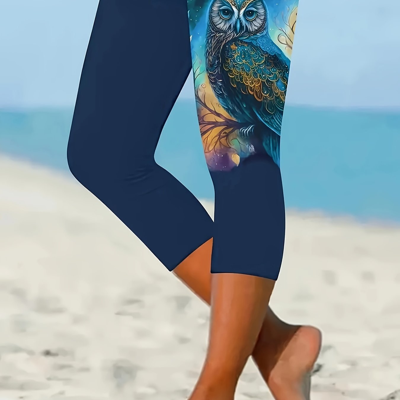 Stylish Plus Size Cartoon Owl Print Capri Leggings - Women's Plus Size Clothing, Soft Stretchy Everyday Wear, Comfortable Casual Fashion, Fun Whimsical Design