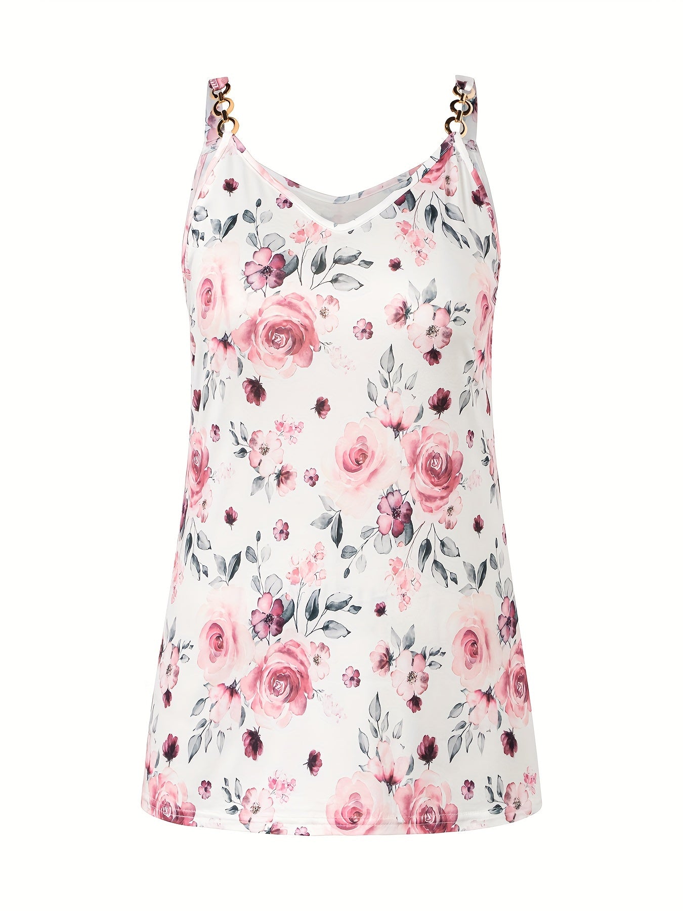 Plus Size Floral Print Cami Top, V Neck Sleeveless Top For Summer, Women's Plus Size Clothing