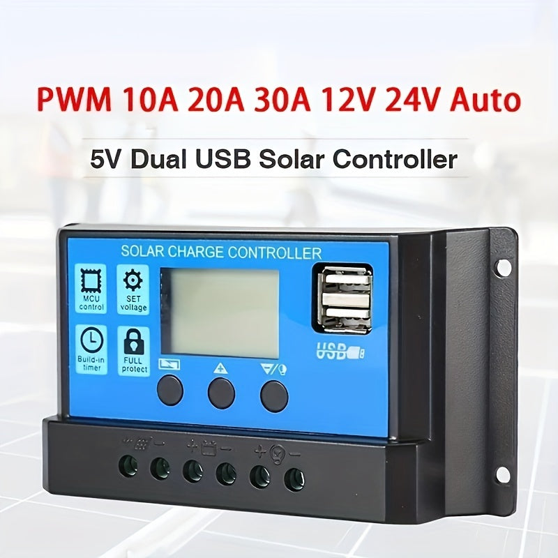 Solar Charge Controller 10A/20A/30A, Dual USB PWM Regulator for 12V/24V PV System, LCD Display, Hard Wiring Room Electrical, No Battery, Multiple Protections