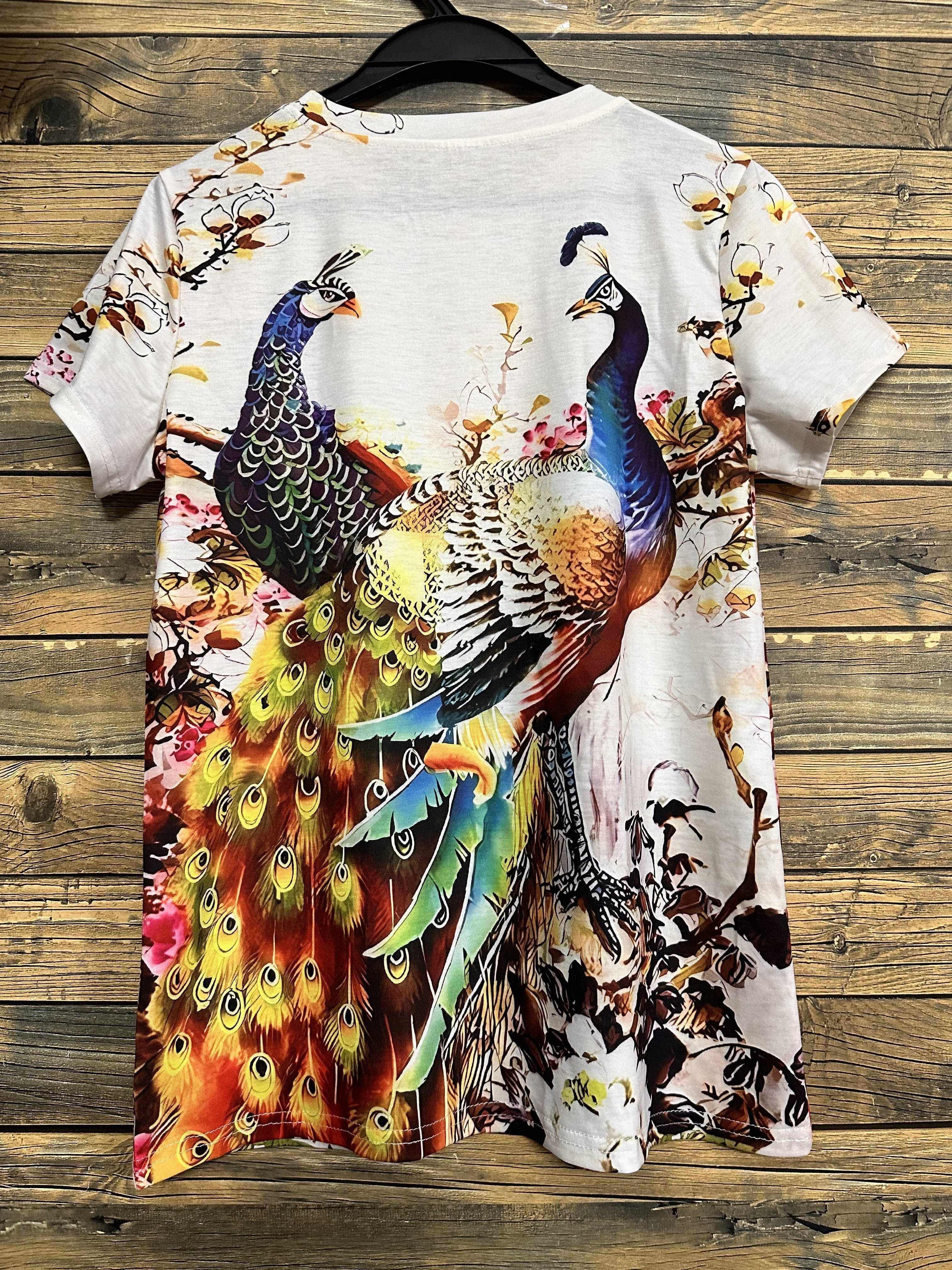 Summer 3D Digital Print Peacock T-Shirt for Women - Polyester Knit Fabric, Round Neck, Animal Pattern, Casual Short Sleeve Top