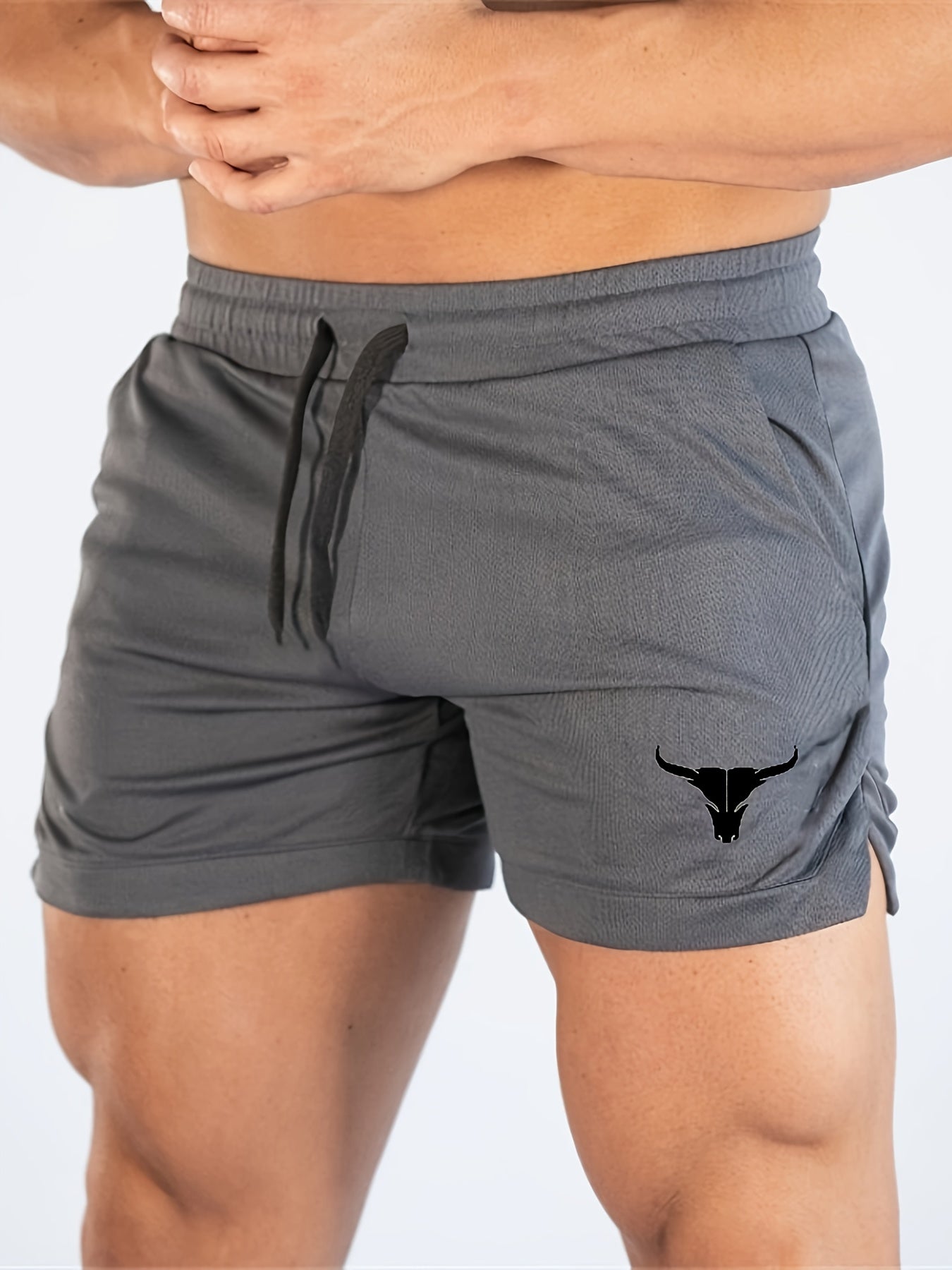 Men's Bull Graphic Print Split Shorts With Pockets, Active Elastic Waist Drawstring Shorts For Summer