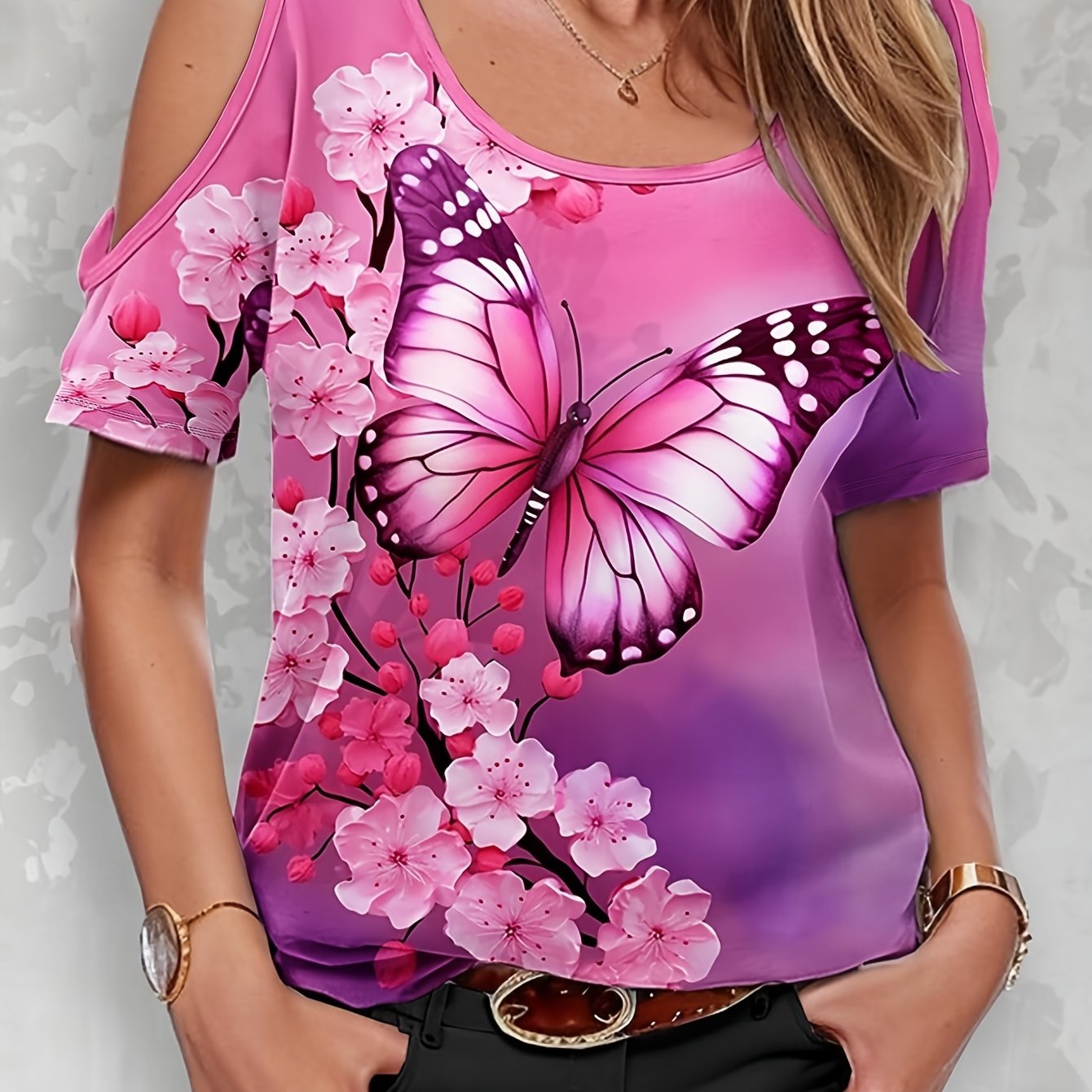 Vibrant Butterfly Print Crew Neck T-Shirt - Women's Elegant Cold Shoulder Short Sleeve Tee for Spring & Summer - Comfortable, Breathable, Relaxed Fit Clothing for Ladies