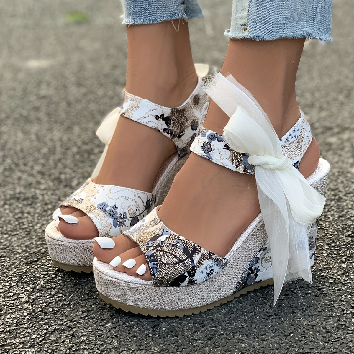 Vibrant Floral Print Wedge Sandals - Chic Peep-Toe Design, Adjustable Bow Ankle Strap with Slingback Closure, Sturdy Platform Heel - Perfect for Womens Casual Outings, Versatile and Easy to Match with Various Outfits, Ideal for Outdoor Events or Social G