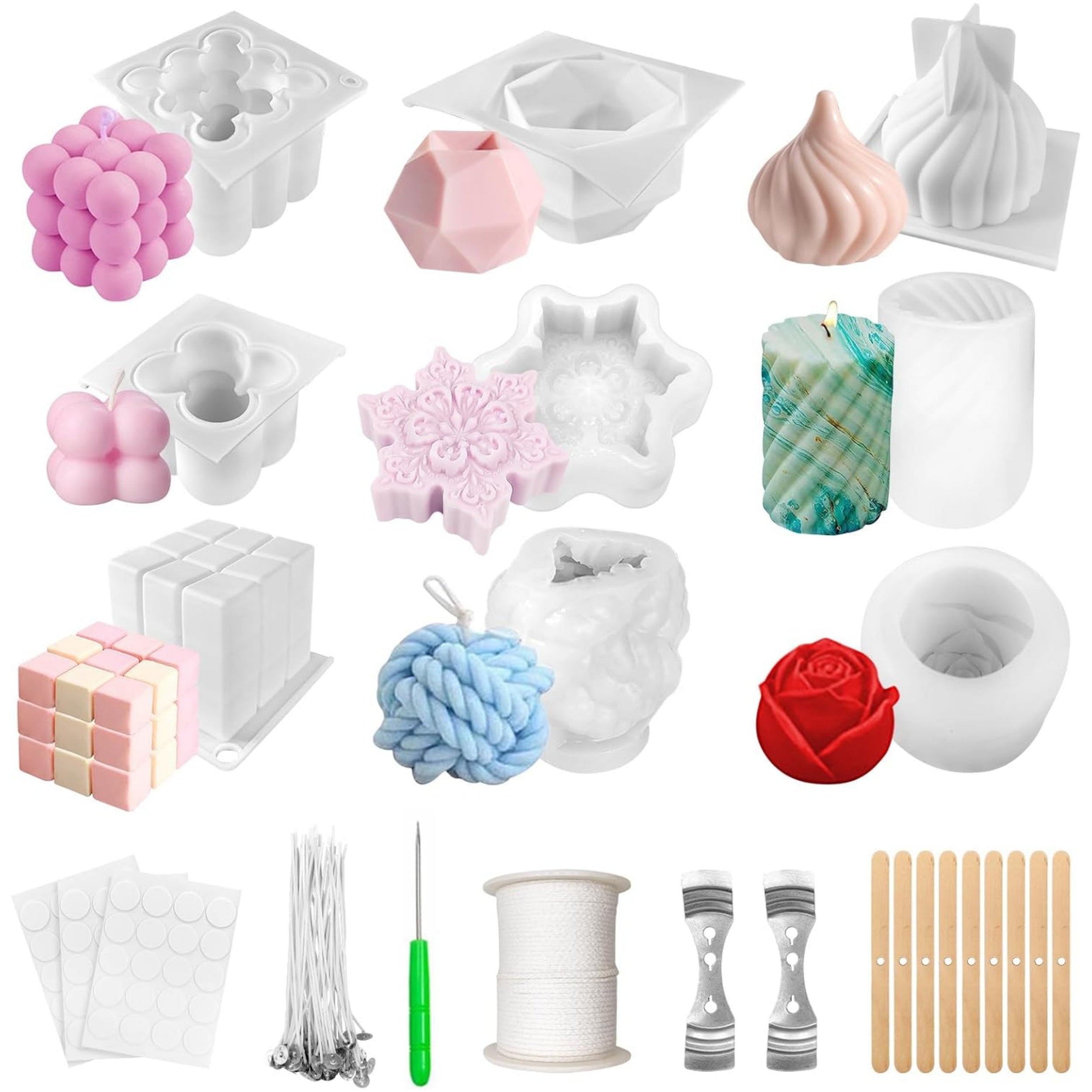 Silicone Candle Mold Kit - 9 Piece 3D Bubble Candle Molds with 61M Wicks, DIY Wax Casting Molds Set with Accessories for Aromatherapy Candles Making and Home Decor, Power-Free, High-Quality Silicone Material