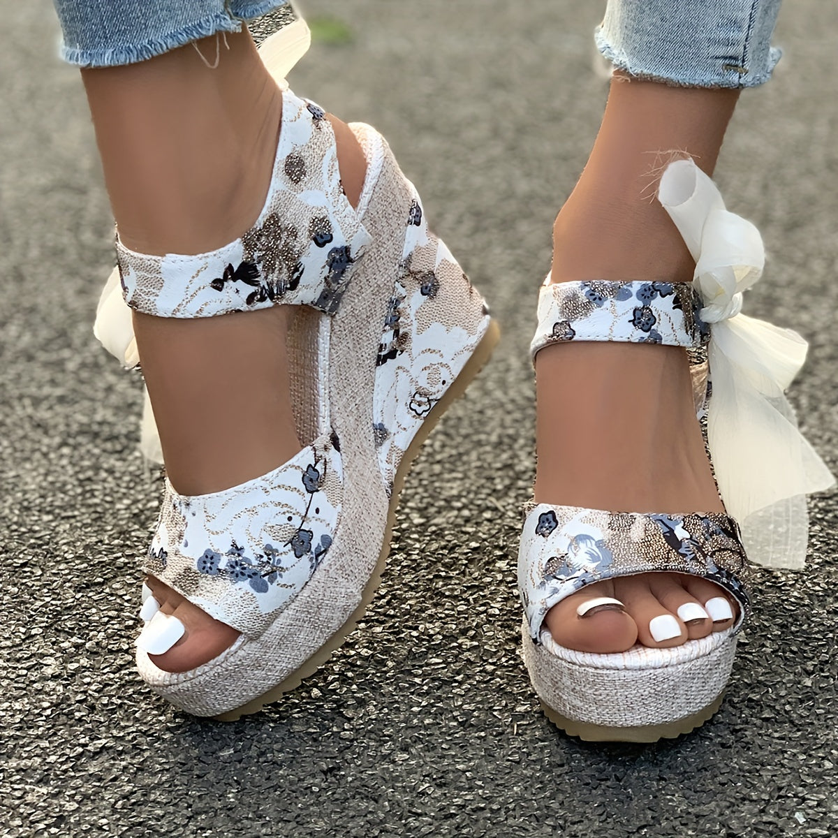 Vibrant Floral Print Wedge Sandals - Chic Peep-Toe Design, Adjustable Bow Ankle Strap with Slingback Closure, Sturdy Platform Heel - Perfect for Womens Casual Outings, Versatile and Easy to Match with Various Outfits, Ideal for Outdoor Events or Social G