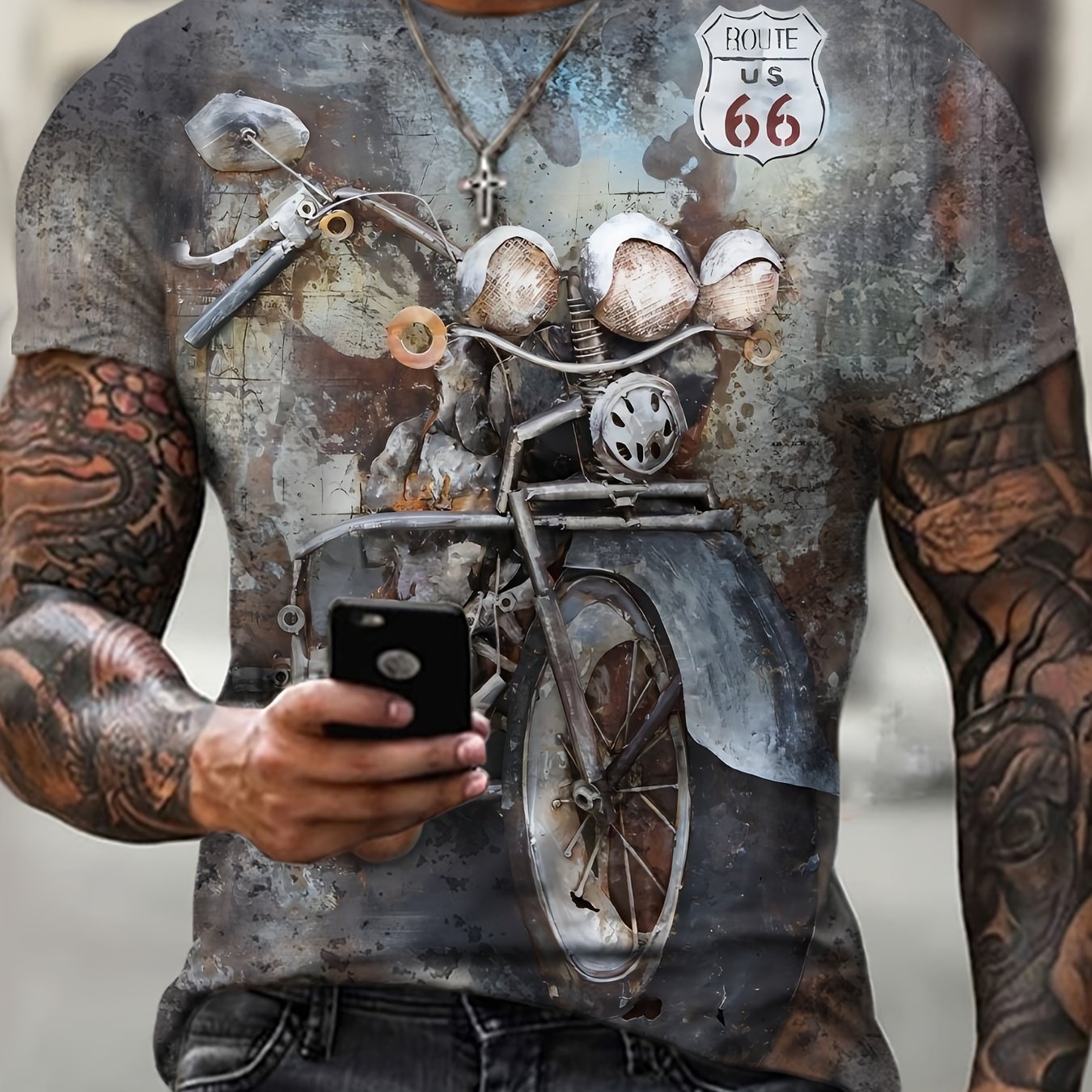 Fancy Motorcycle Print T-shirt, Men's Casual Comfy Crew Neck Tee, Trendy Short Sleeve Top For Summer Daily Wear