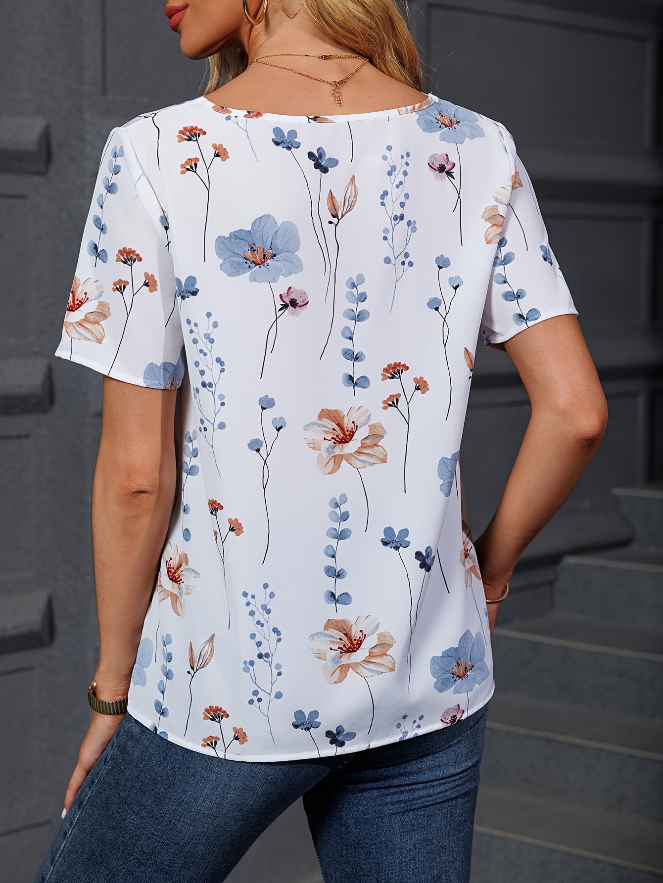 Vibrant Floral Print Short Sleeve V-Neck T-Shirt - Soft Acetate Fabric, Semi-Sheer, Regular Length, Machine Washable, Perfect for Spring and Summer - Womens Casual Wear