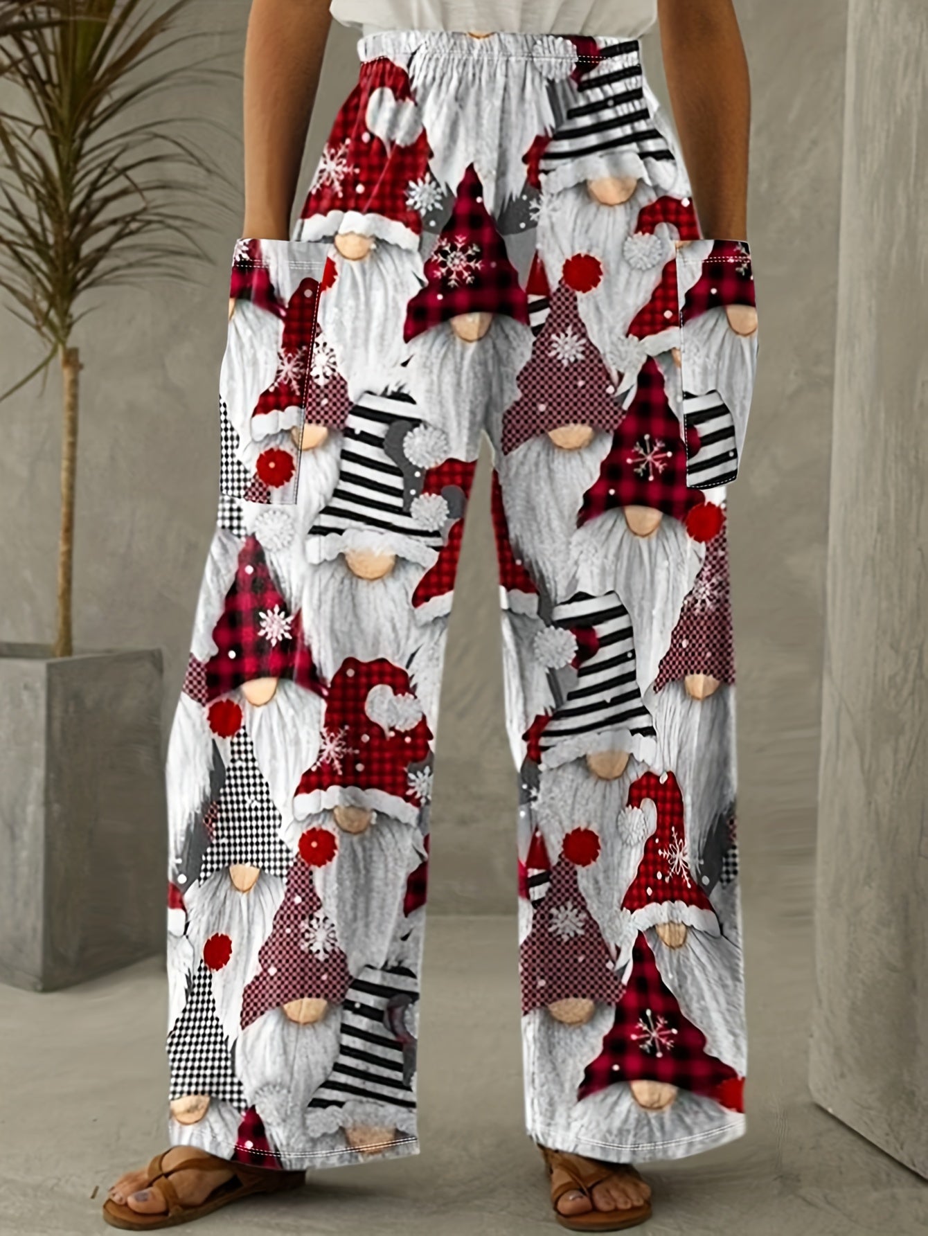 Christmas Print Patched Pocket Pants, Casual Elastic Waist Straight Leg Pants For Fall & Winter, Women's Clothing