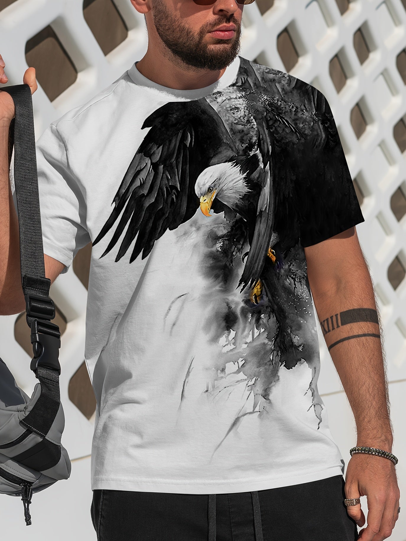 Men's 3D Eagle Print T-Shirt - Casual Round Neck, Short Sleeve, Summer Tee with Drawstring Detail