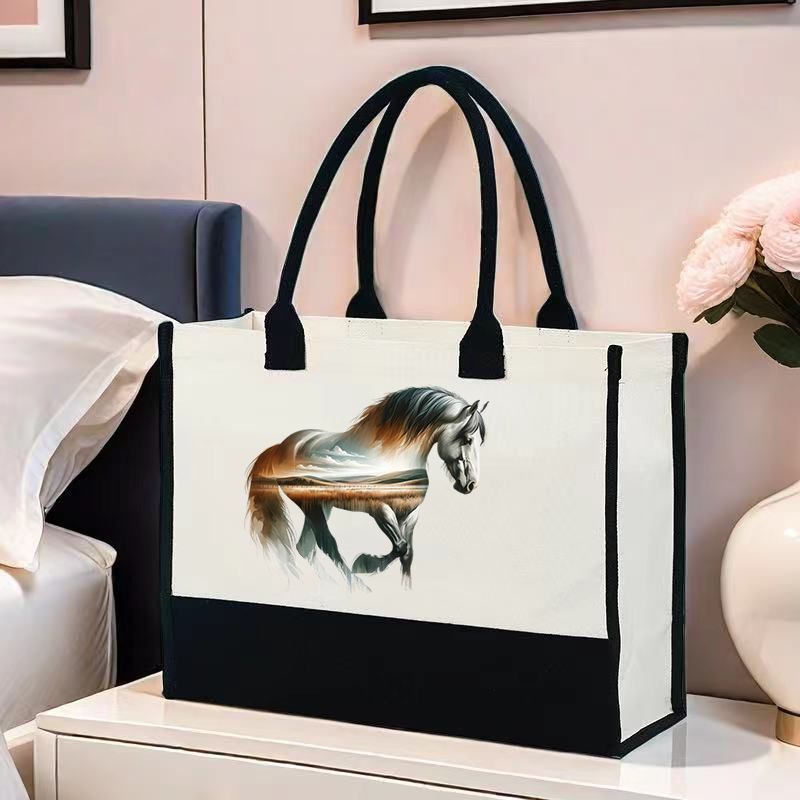 Canvas Tote Bag with Majestic Watercolor Horse Print, Large Capacity Shoulder Handbag for Women, Casual Commuter Bag with No Closure