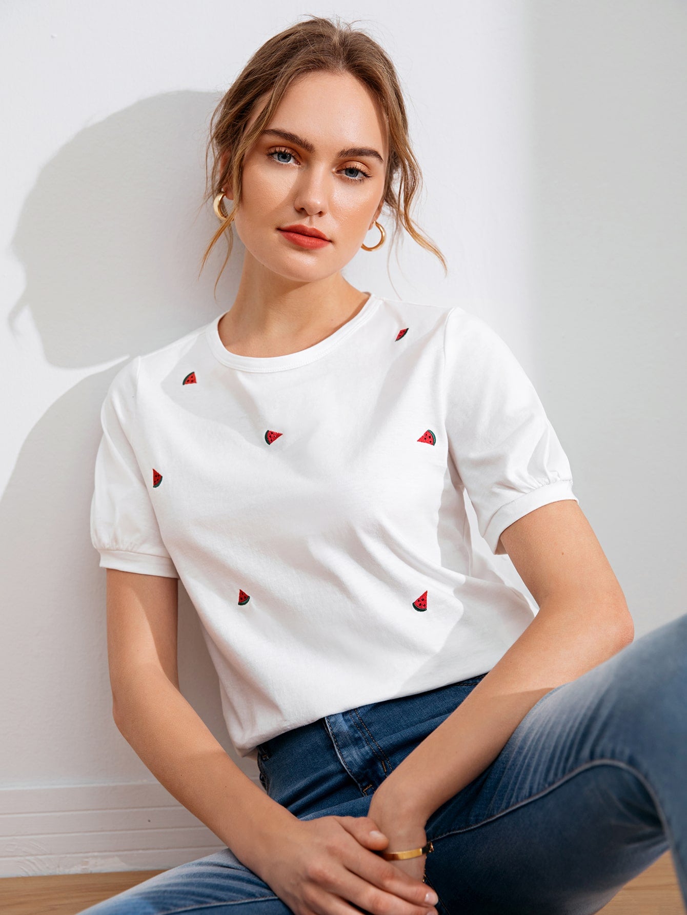 EZwear Bishop Sleeve Watermelon Embroidery Tee