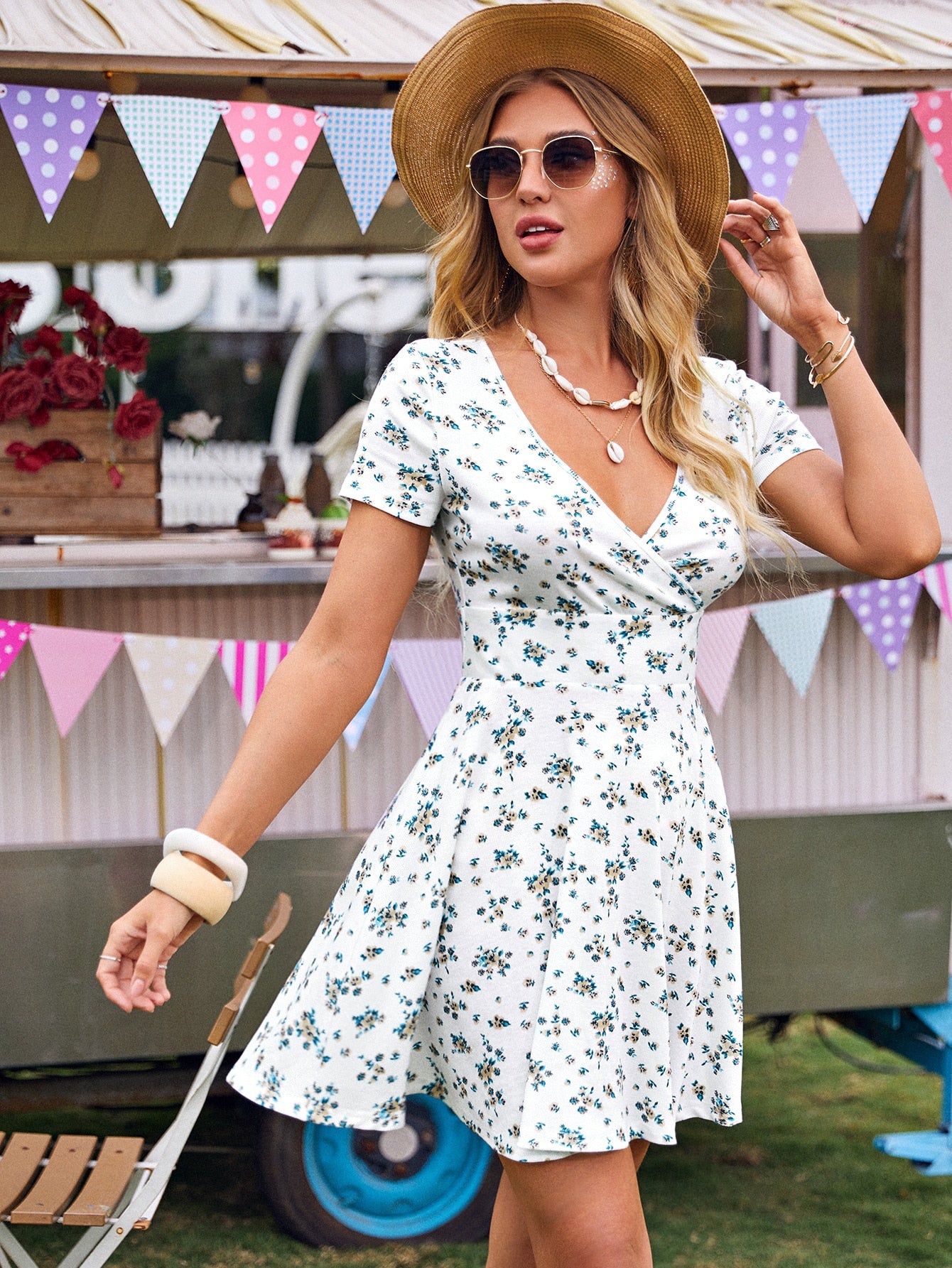 Frenchy Surplice Neck Floral Dress