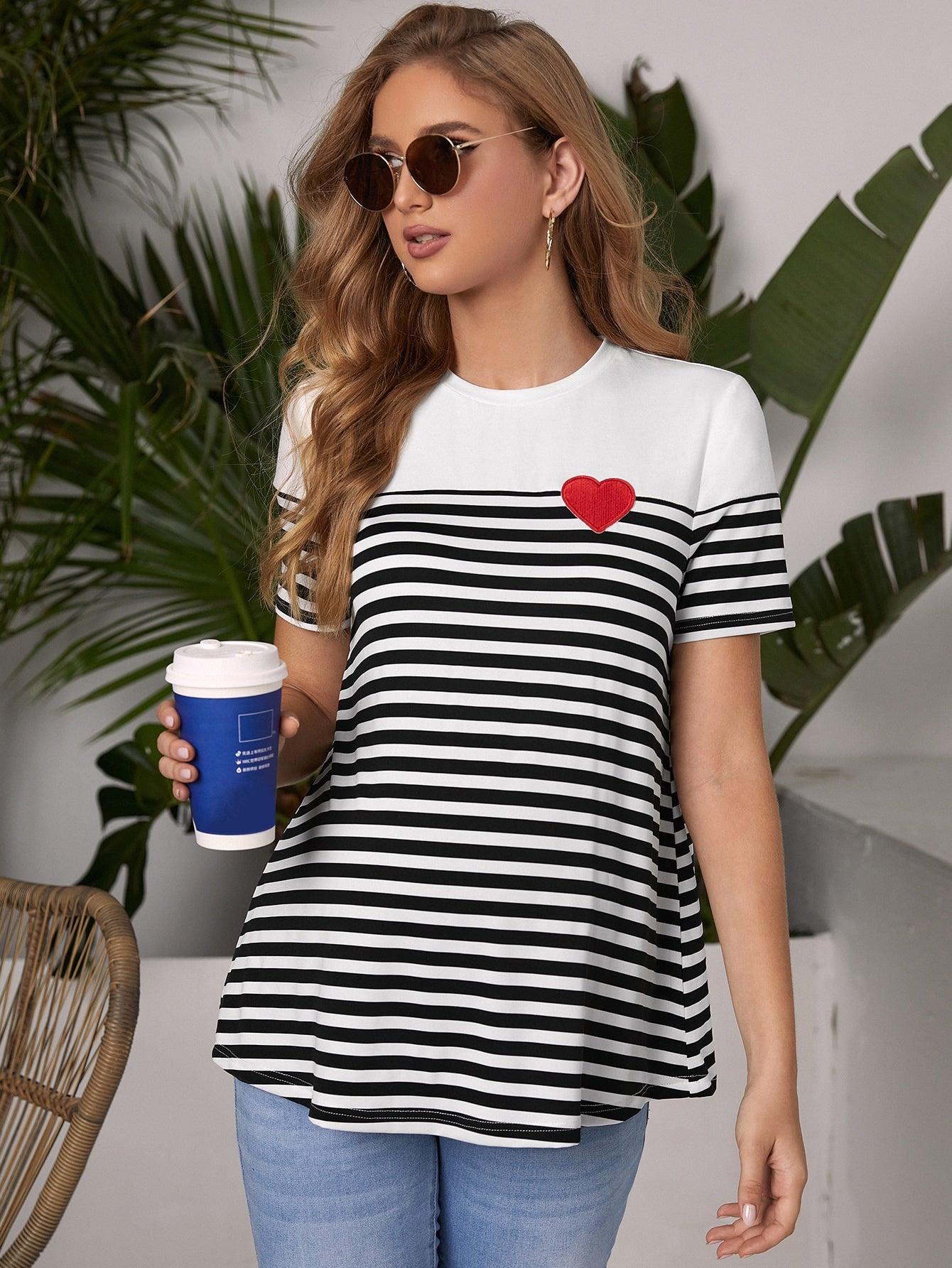 SHEIN Maternity Heart Embroidered Striped Top