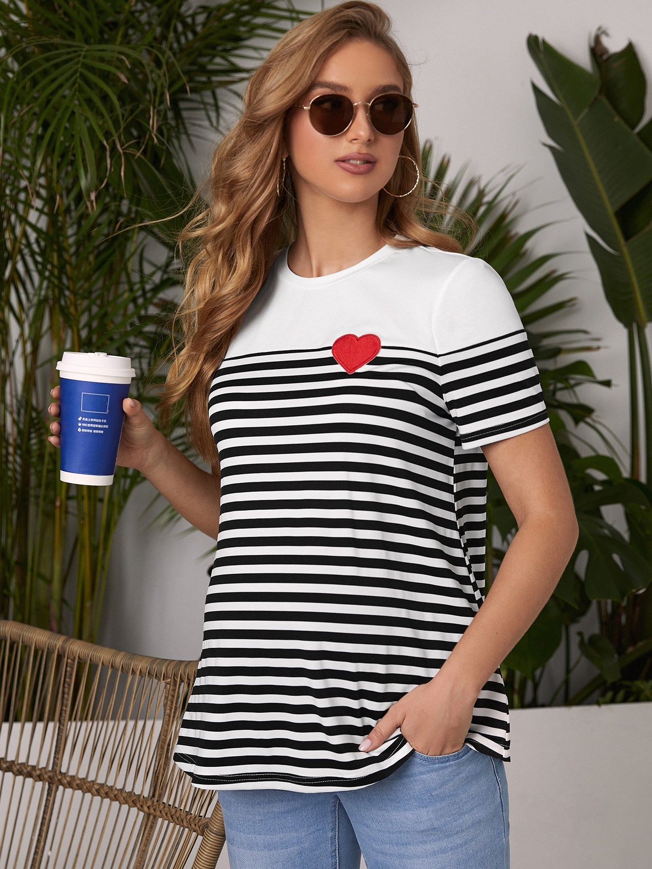 SHEIN Maternity Heart Embroidered Striped Top