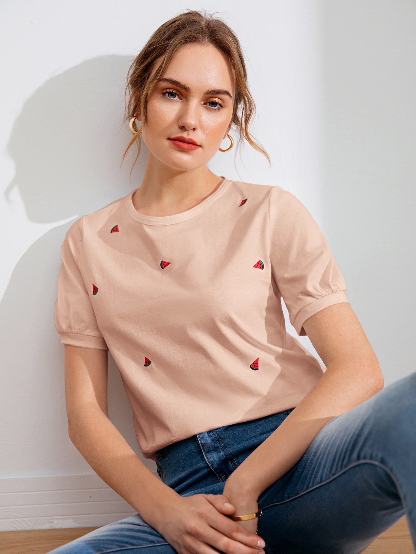 EZwear Bishop Sleeve Watermelon Embroidery Tee