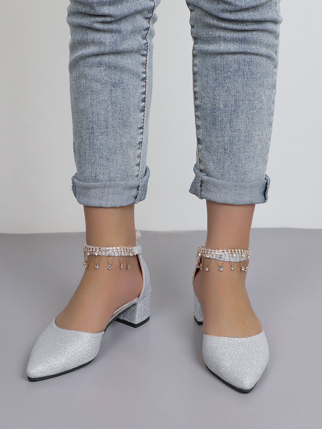 Rhinestone Decor Ankle Strap Glitter Pumps, Silver Gemstone Women's High Heel Shoes