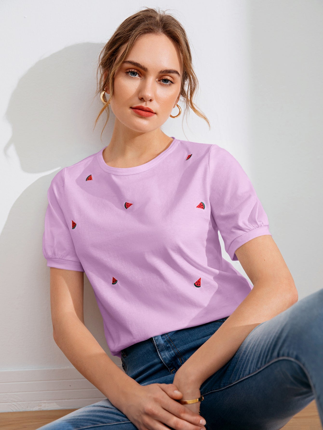 EZwear Bishop Sleeve Watermelon Embroidery Tee