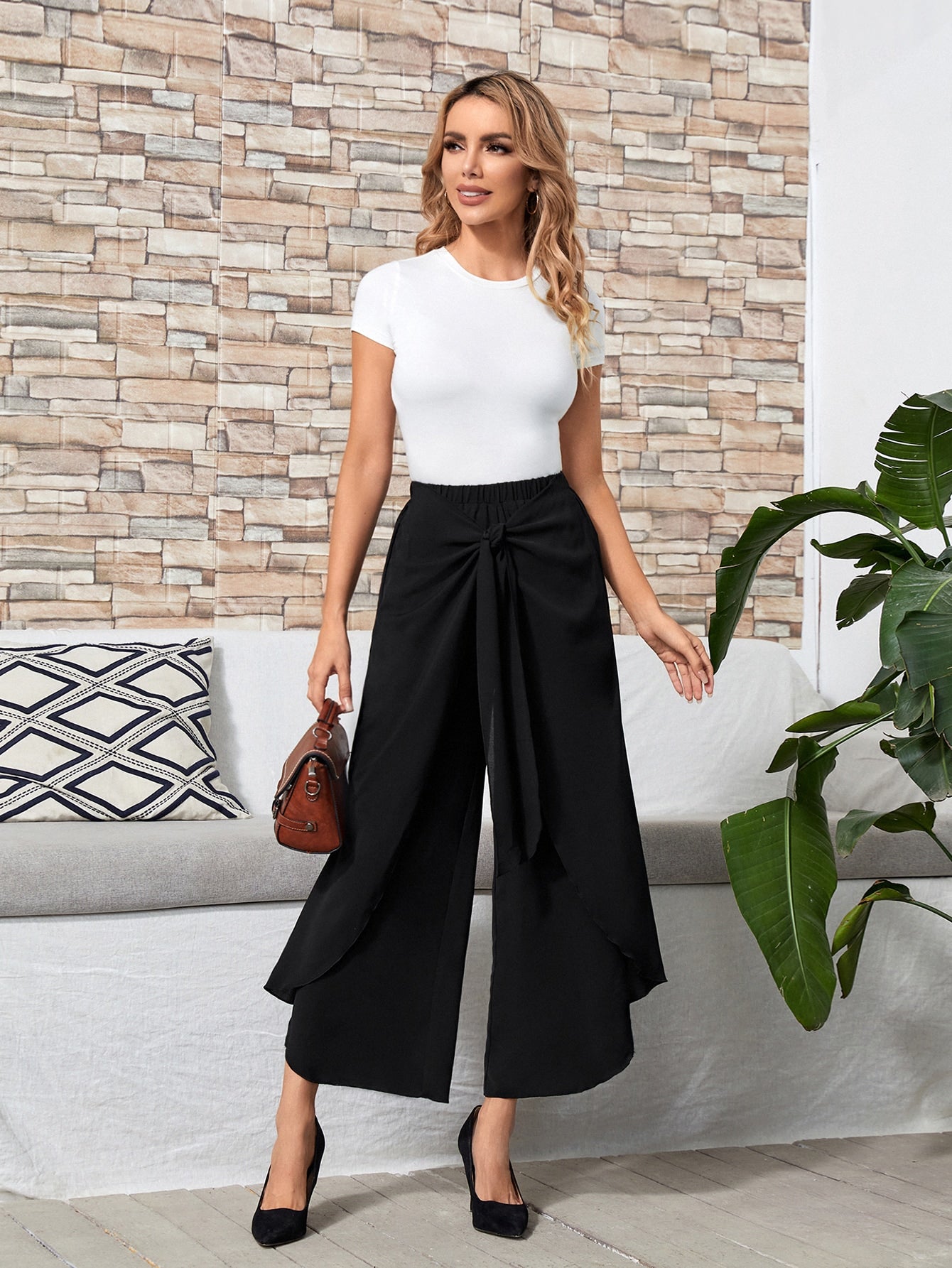 EMERY ROSE Tie Front Wide Leg Pants