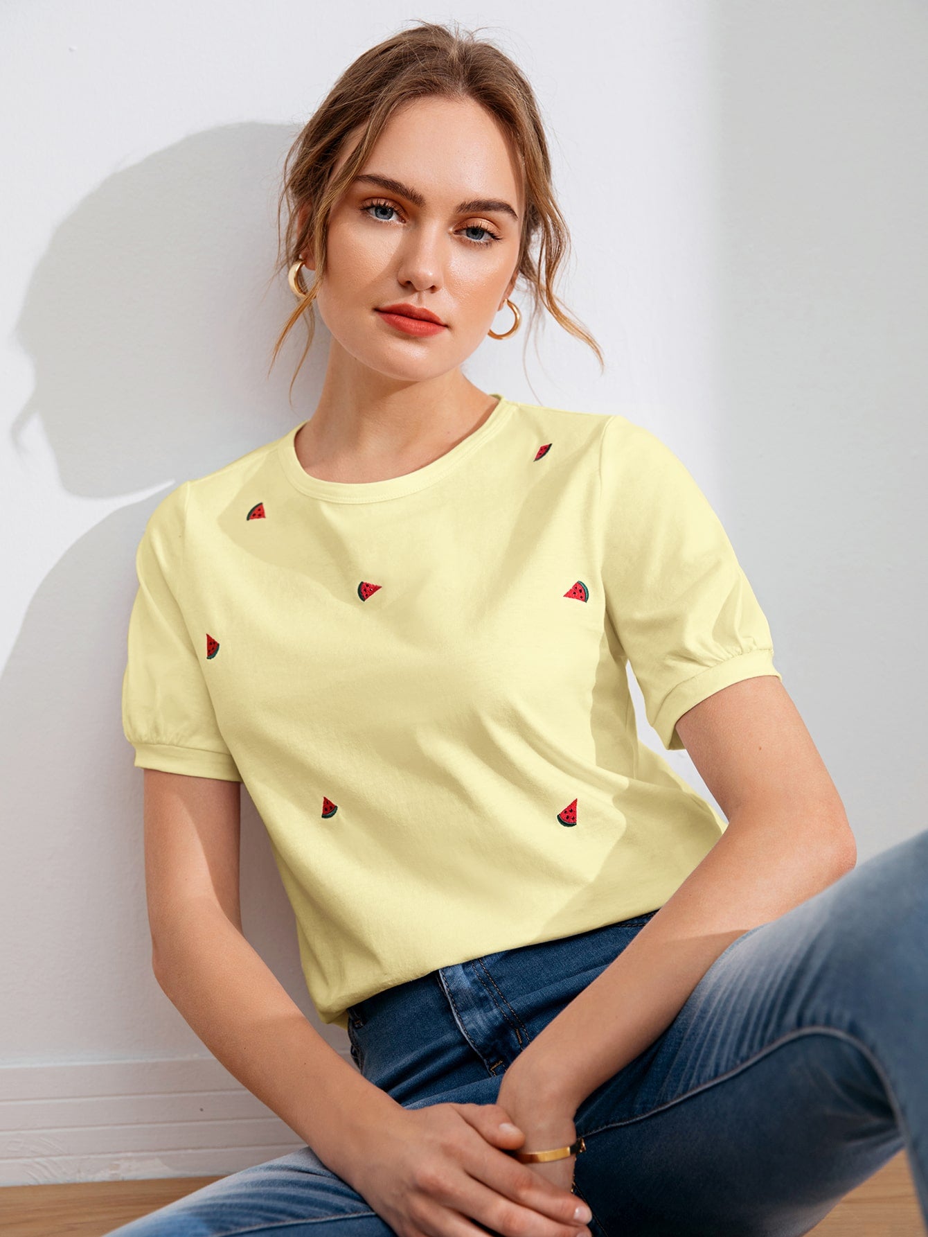 EZwear Bishop Sleeve Watermelon Embroidery Tee