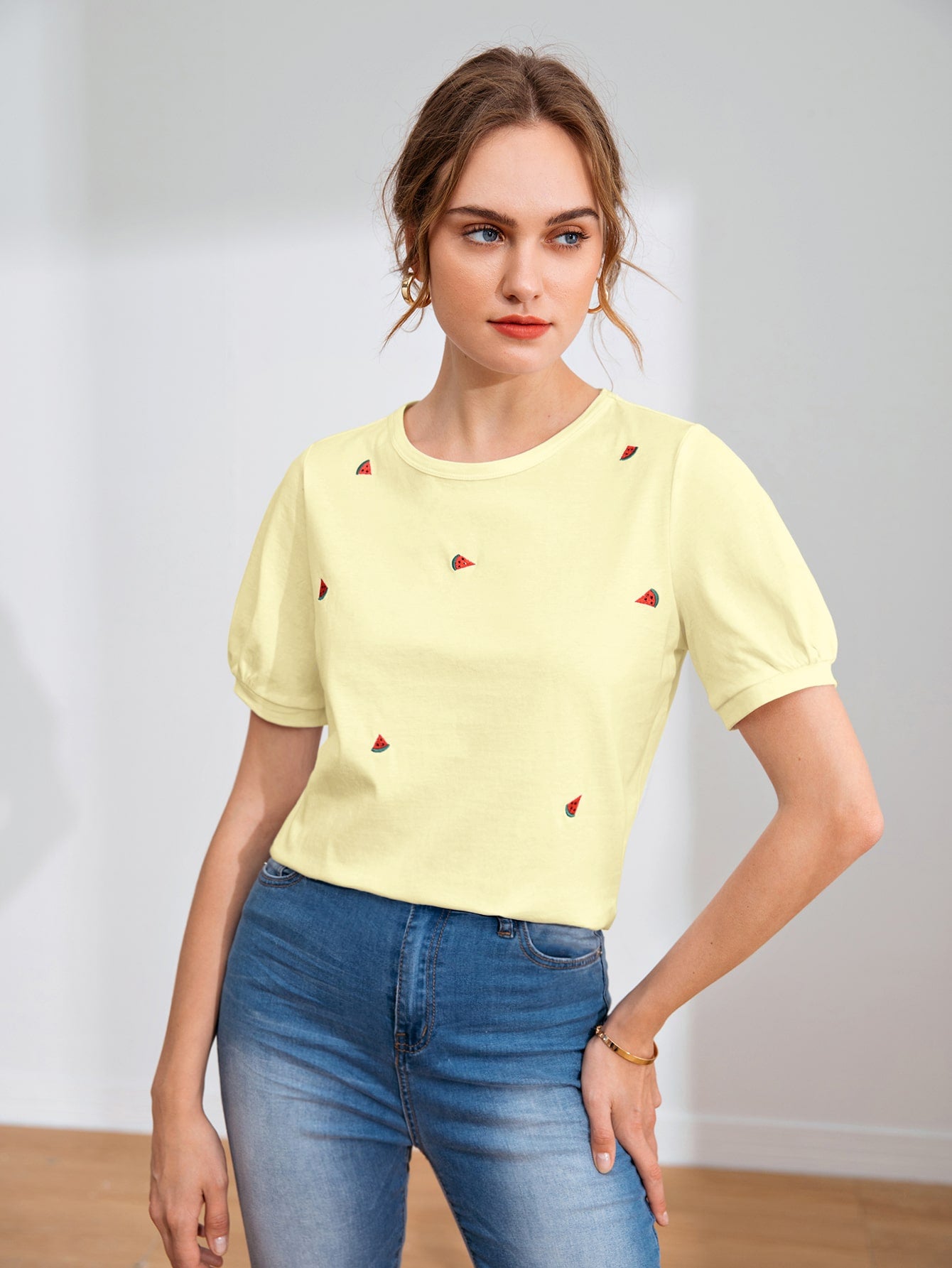 EZwear Bishop Sleeve Watermelon Embroidery Tee