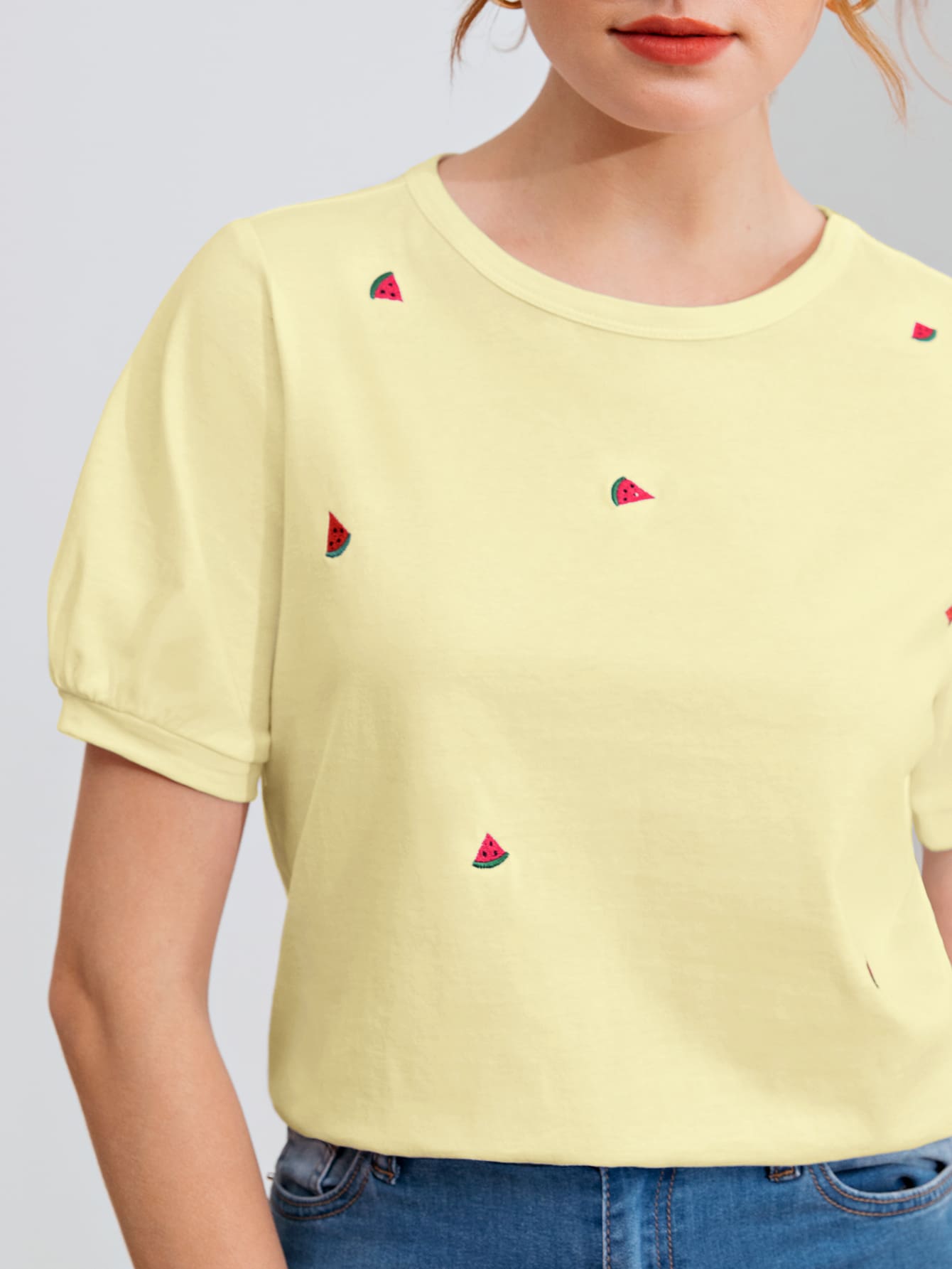 EZwear Bishop Sleeve Watermelon Embroidery Tee