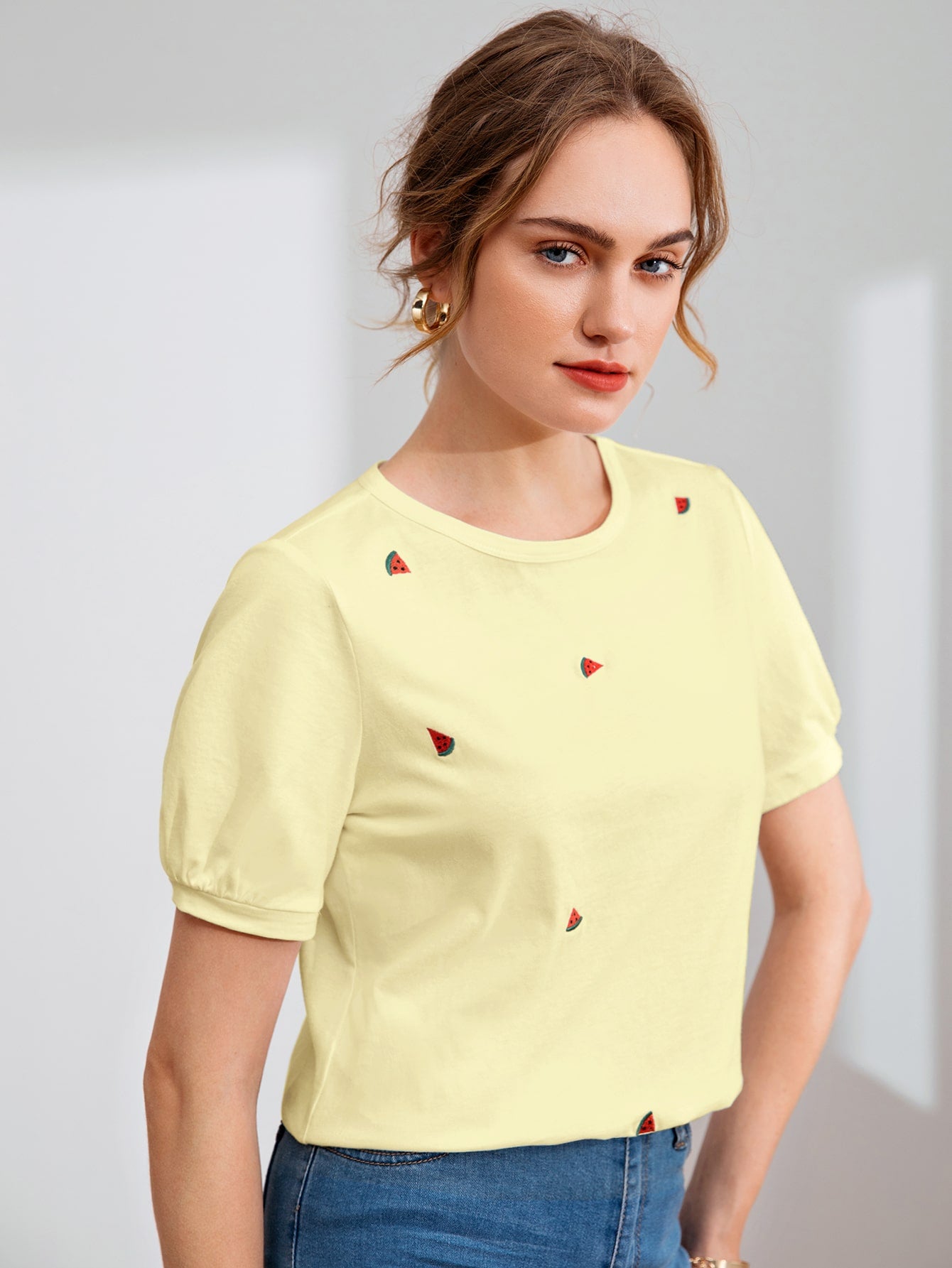 EZwear Bishop Sleeve Watermelon Embroidery Tee