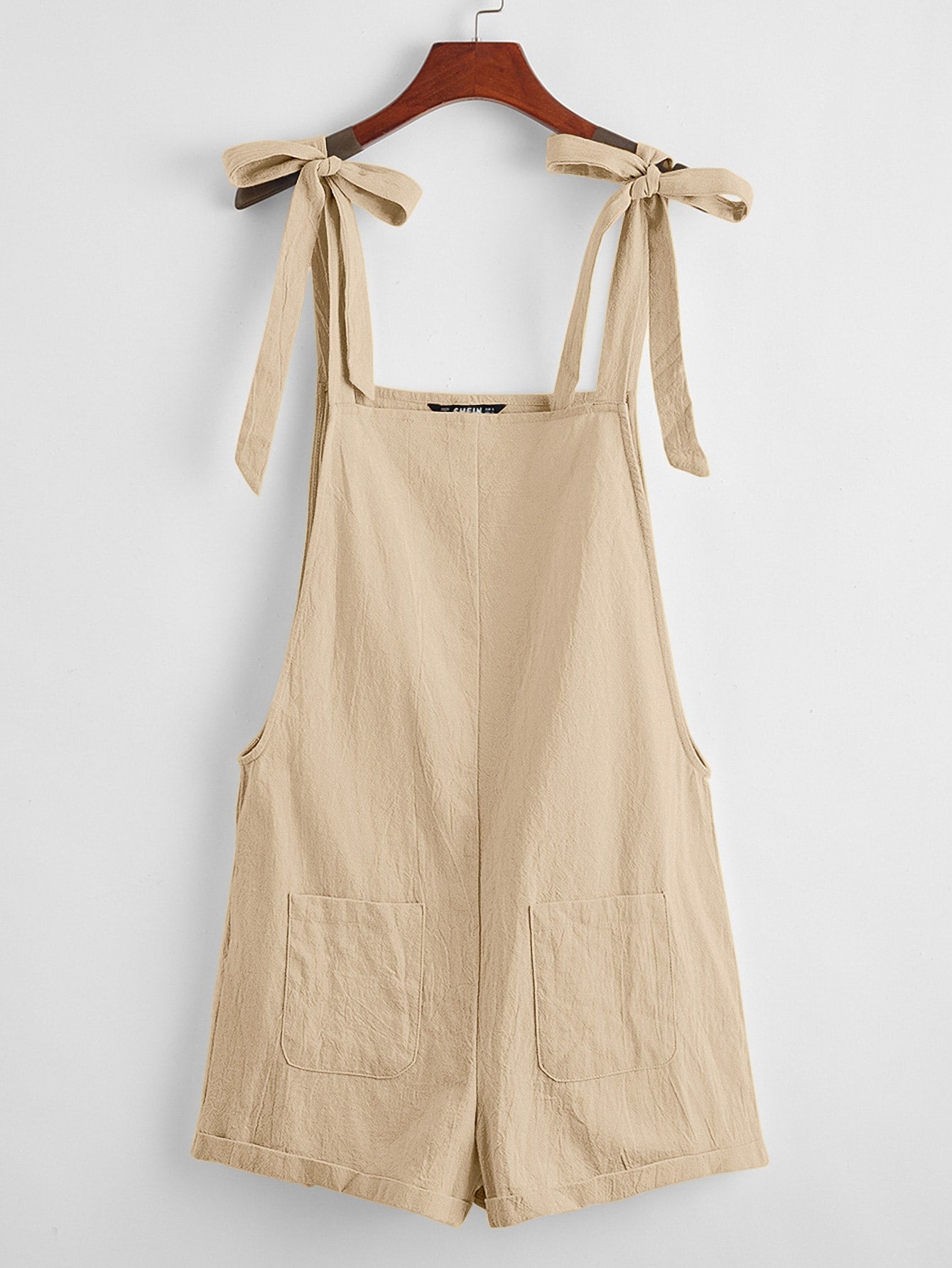 EZwear Summer Casual And Loose Black Knot Strap Pocket Patched Pinafore Short Romper