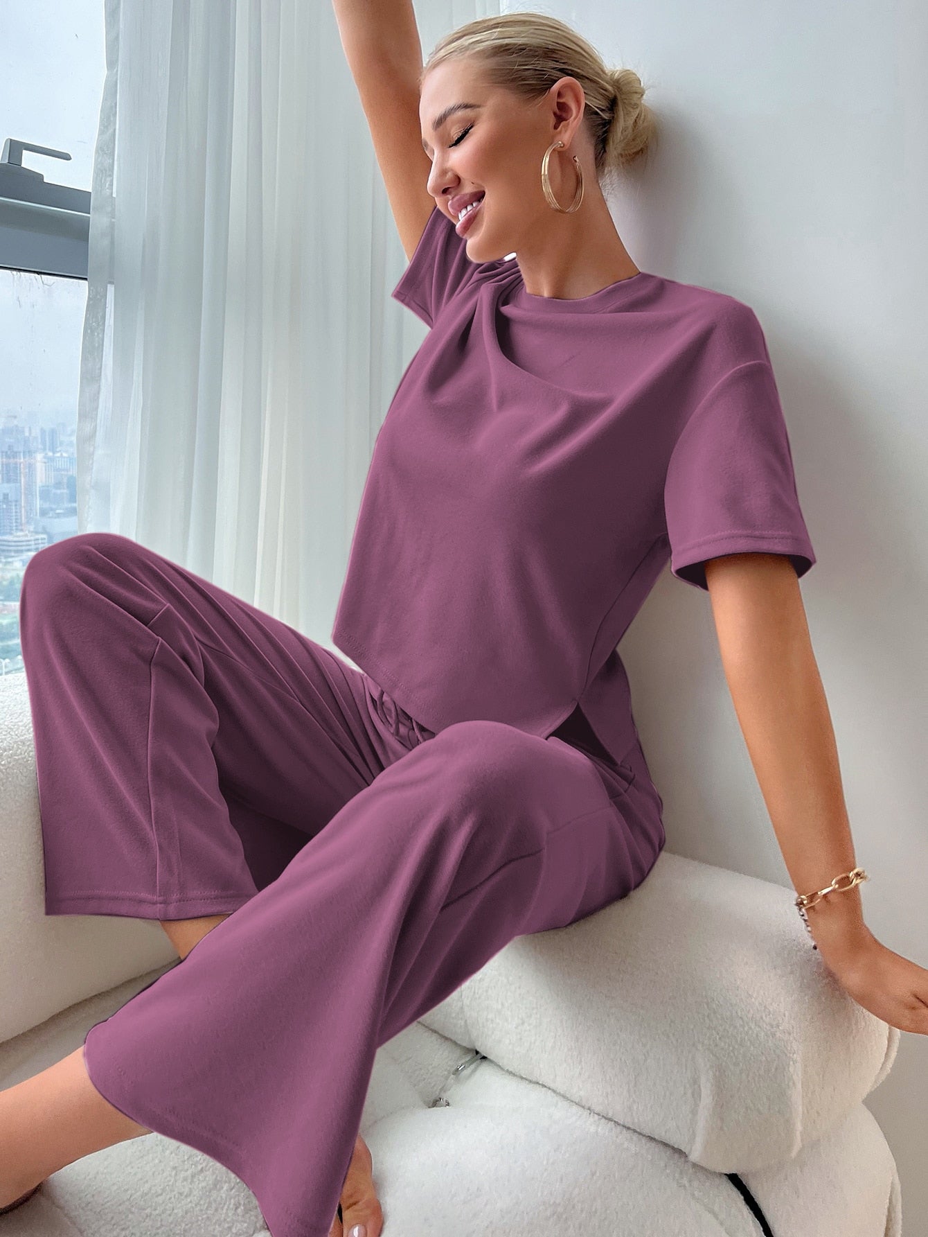 Solid Split Hem Tee & Tie Waist Pants Lounge Set