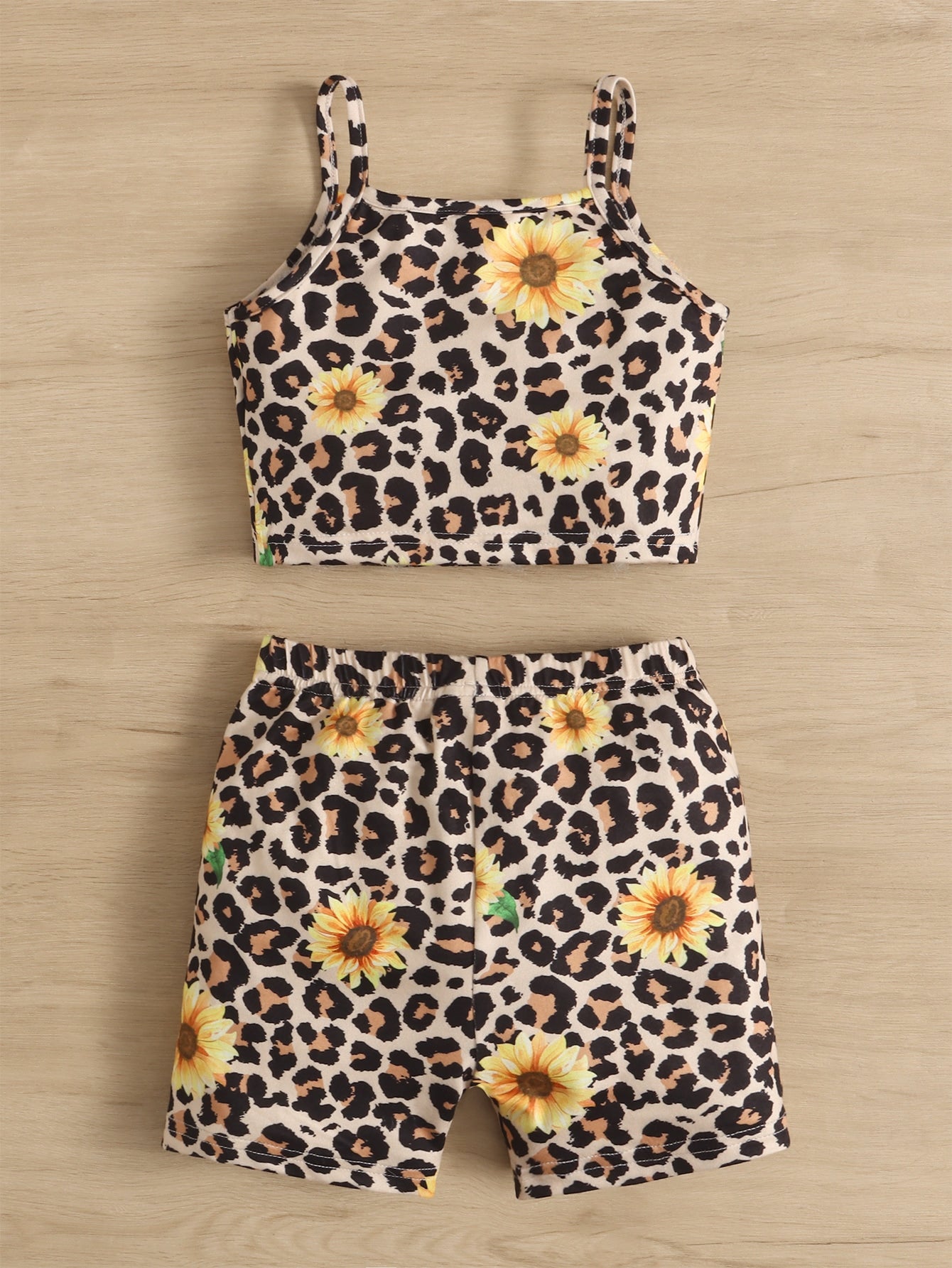 Young Girl Leopard & Sunflower Print Cami Top & Shorts