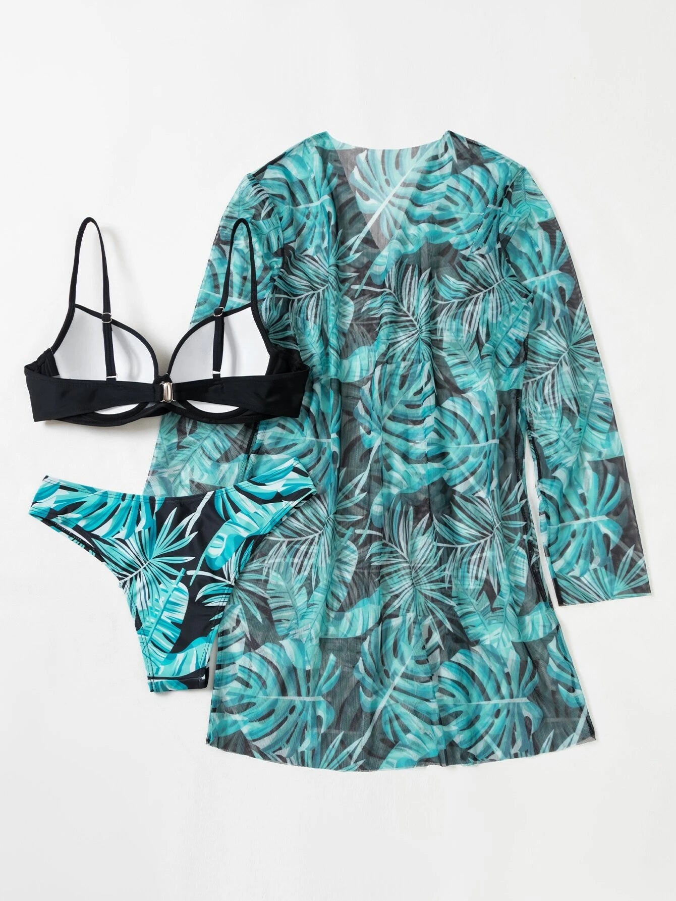 Swim Summer Beach Tropical Print Push Up Bikini Set With Kimono