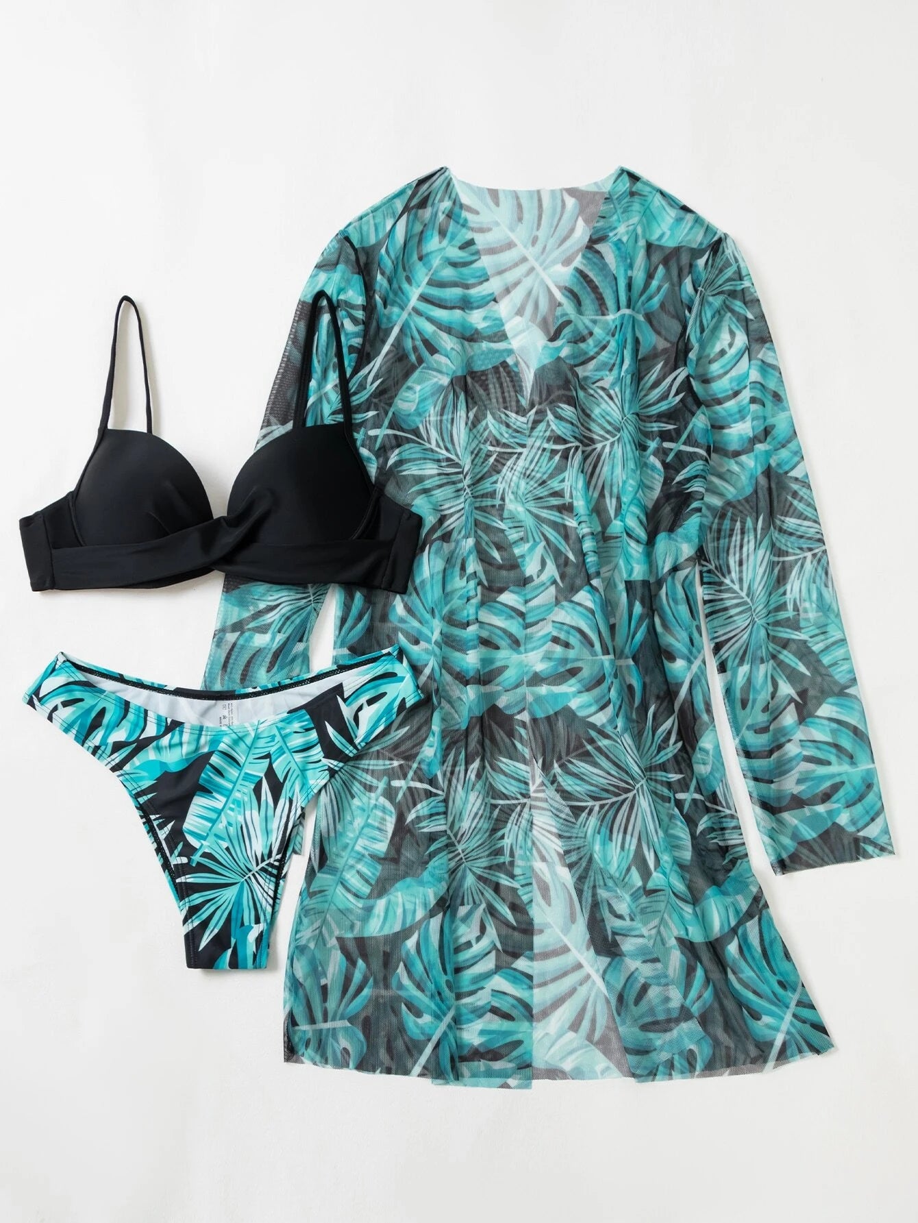 Swim Summer Beach Tropical Print Push Up Bikini Set With Kimono