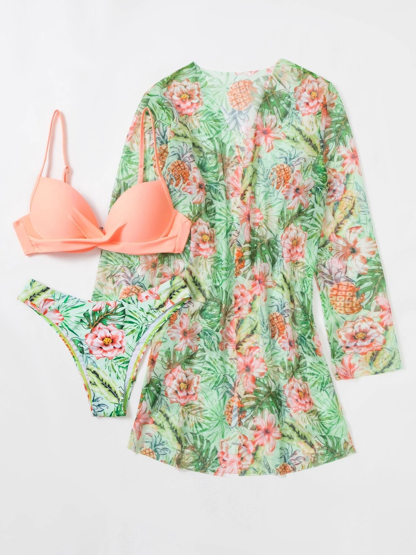 Swim Summer Beach Tropical Print Push Up Bikini Set With Kimono