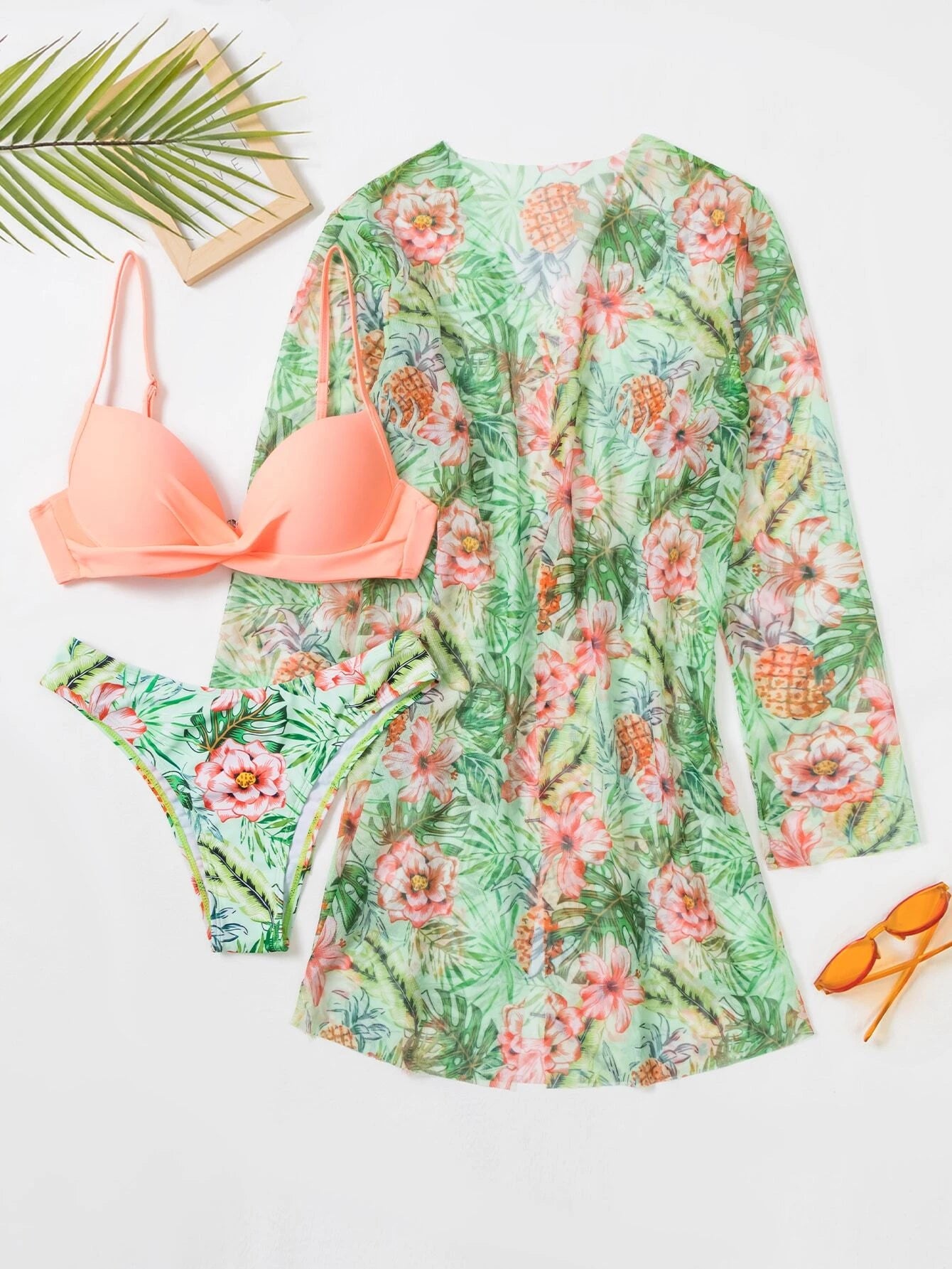 Swim Summer Beach Tropical Print Push Up Bikini Set With Kimono