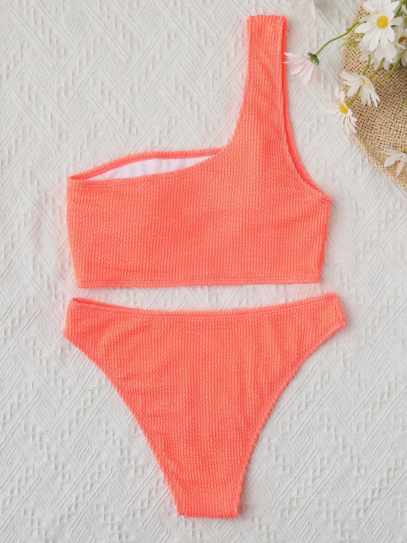 Swim Summer Beach Textured Bikini Set One Shoulder Bra & Cheeky Bottom 2 Piece Bathing Suit