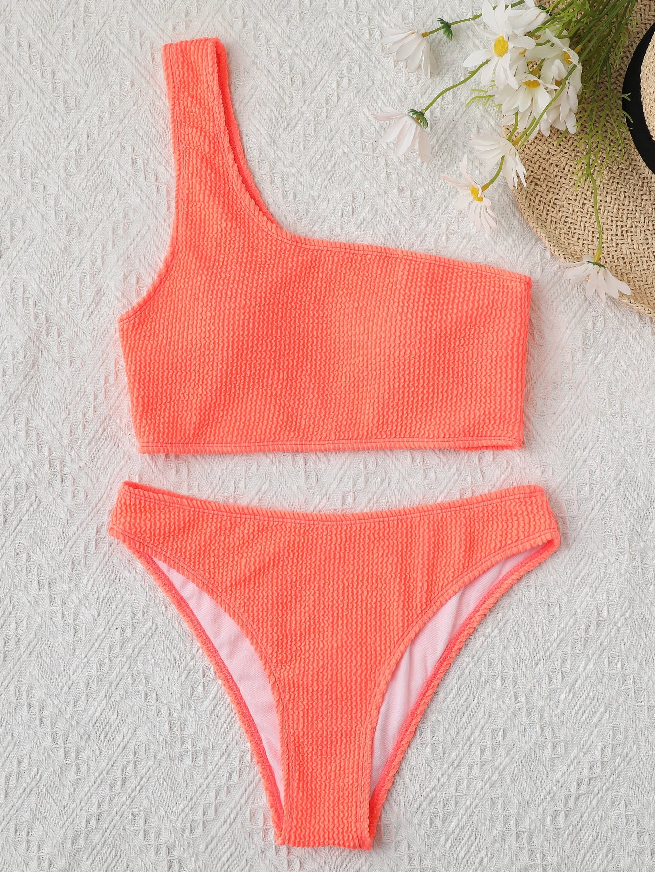 Swim Summer Beach Textured Bikini Set One Shoulder Bra & Cheeky Bottom 2 Piece Bathing Suit