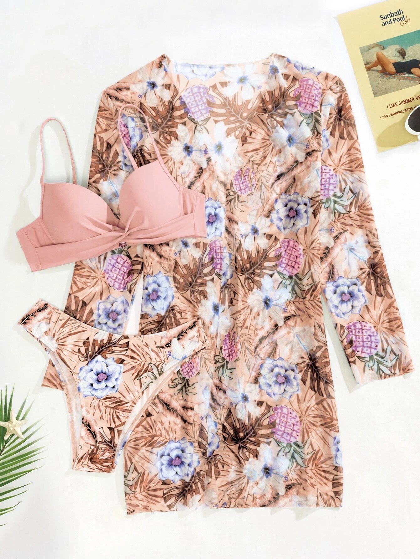 Swim Summer Beach Tropical Print Push Up Bikini Set With Kimono