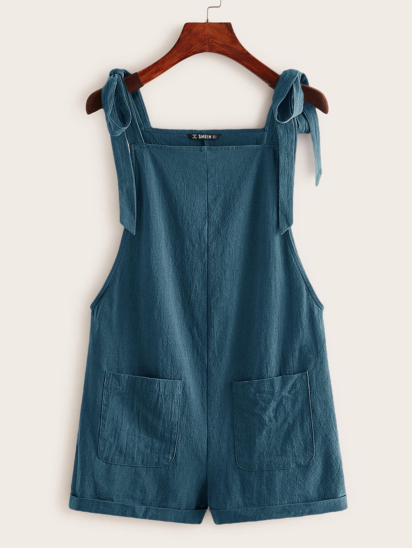 EZwear Summer Casual And Loose Black Knot Strap Pocket Patched Pinafore Short Romper