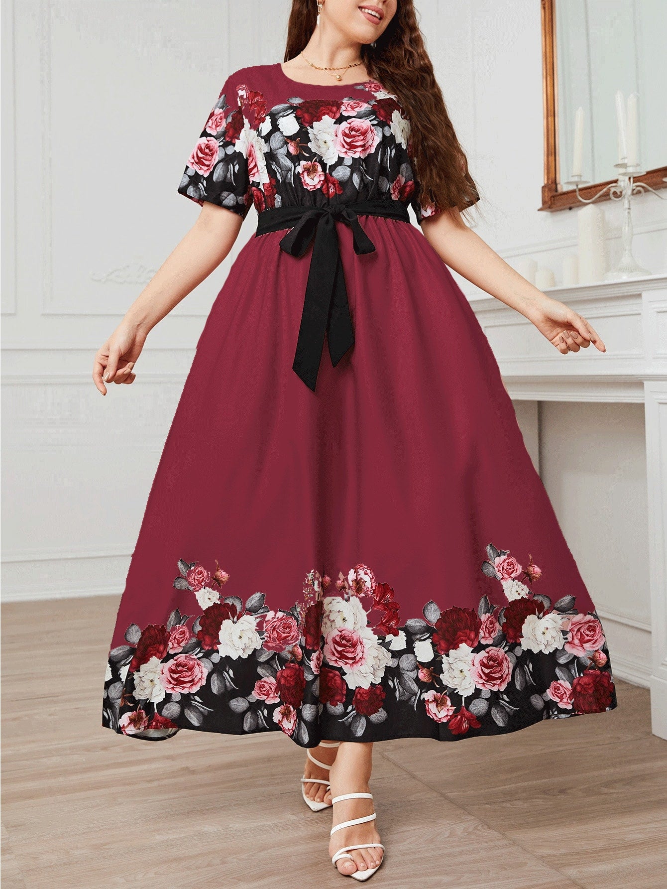 Modely Burgundy Red Plus Floral Print Belted A-Line Dress Long Evening Dresses