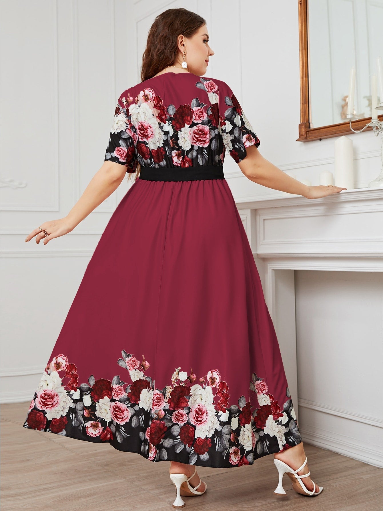 Modely Burgundy Red Plus Floral Print Belted A-Line Dress Long Evening Dresses